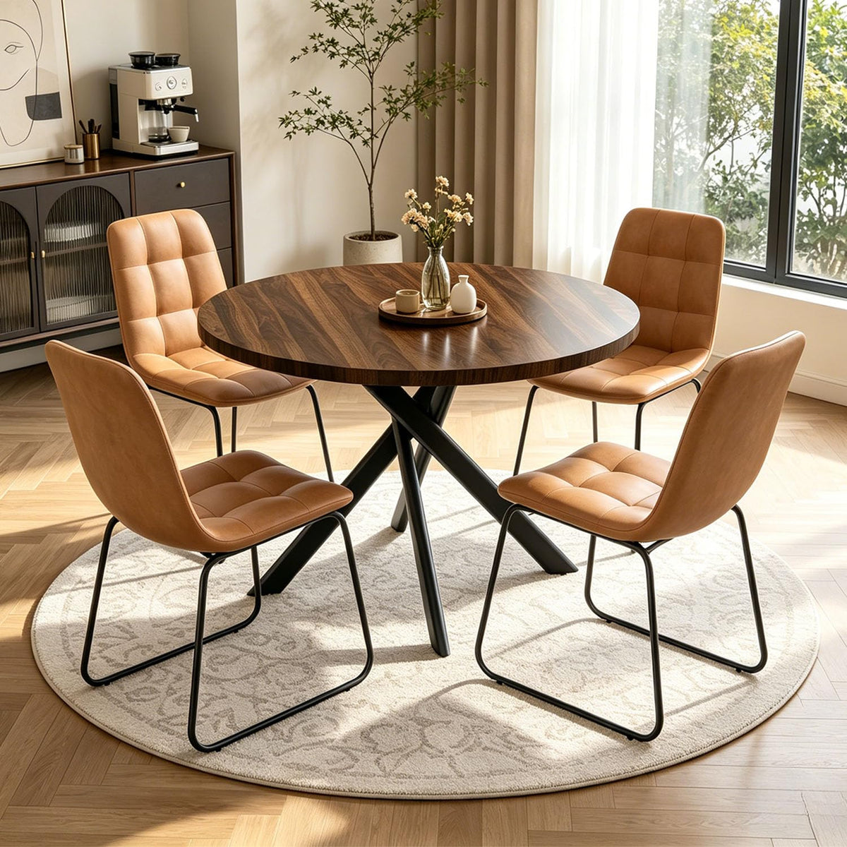 domusdisn 44" Round Dining Table Set for 4, Modern X-Shaped Metal Leg Table