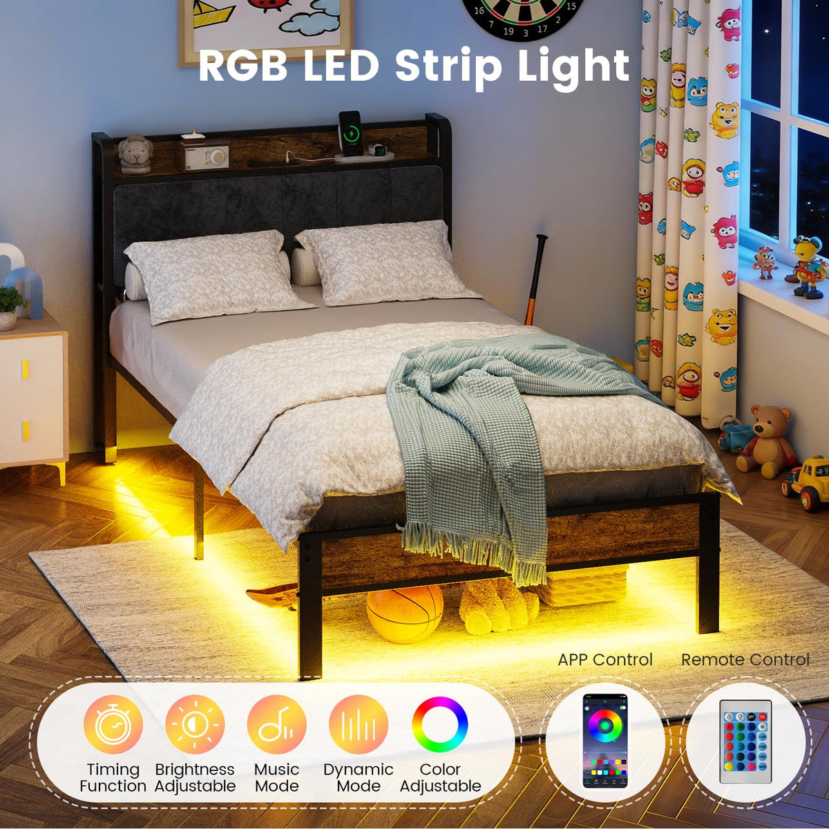 ALBERTO Twin Size Bed Frame with USB Charging Station and Smart LED Lights
