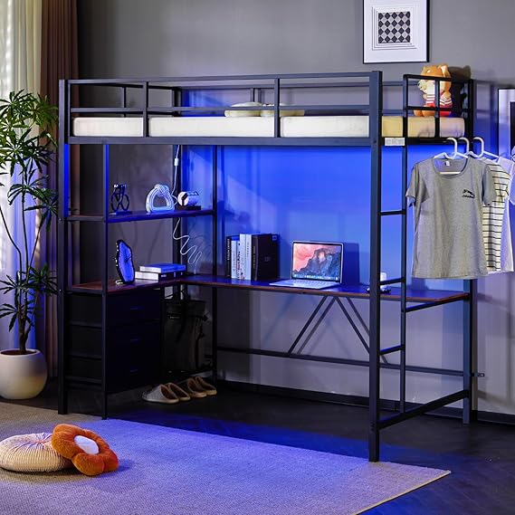 Metal Loft Bunk Bed with Desk, LED Lights & Charging Station
