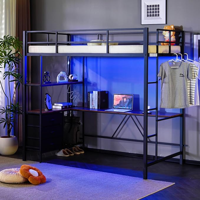 Queen Loft Bed with Charging Station & LED Lights