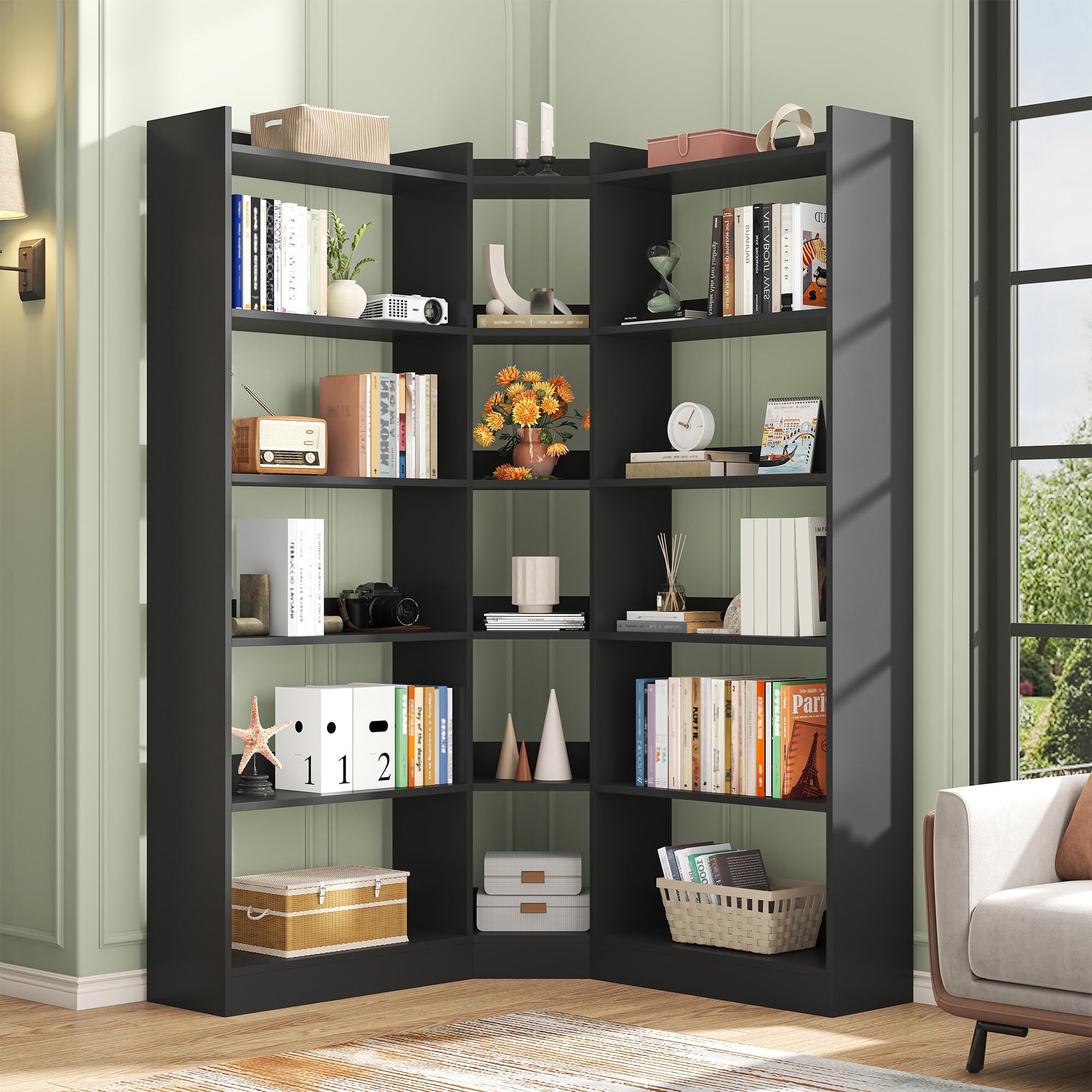 7-Tier L-Shaped Corner Bookshelf with Anti-Fall Baffles – 63.1" Tall