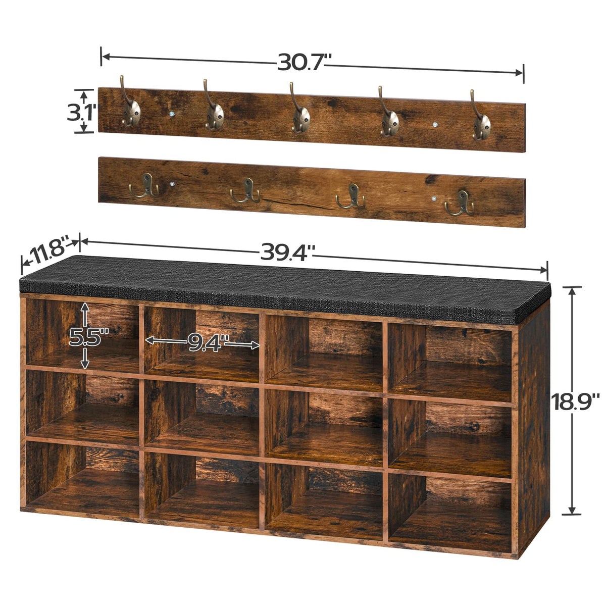 HOOBRO Shoe Storage Bench with Cushion, 39.4" L Entryway Bench with 12 Cubbies, Entryway Hall Tree with Storage, Shoe Cabinet with Coat Rack for Bedroom, Hallway, Holds up to 330 lb, BF112HX01G1