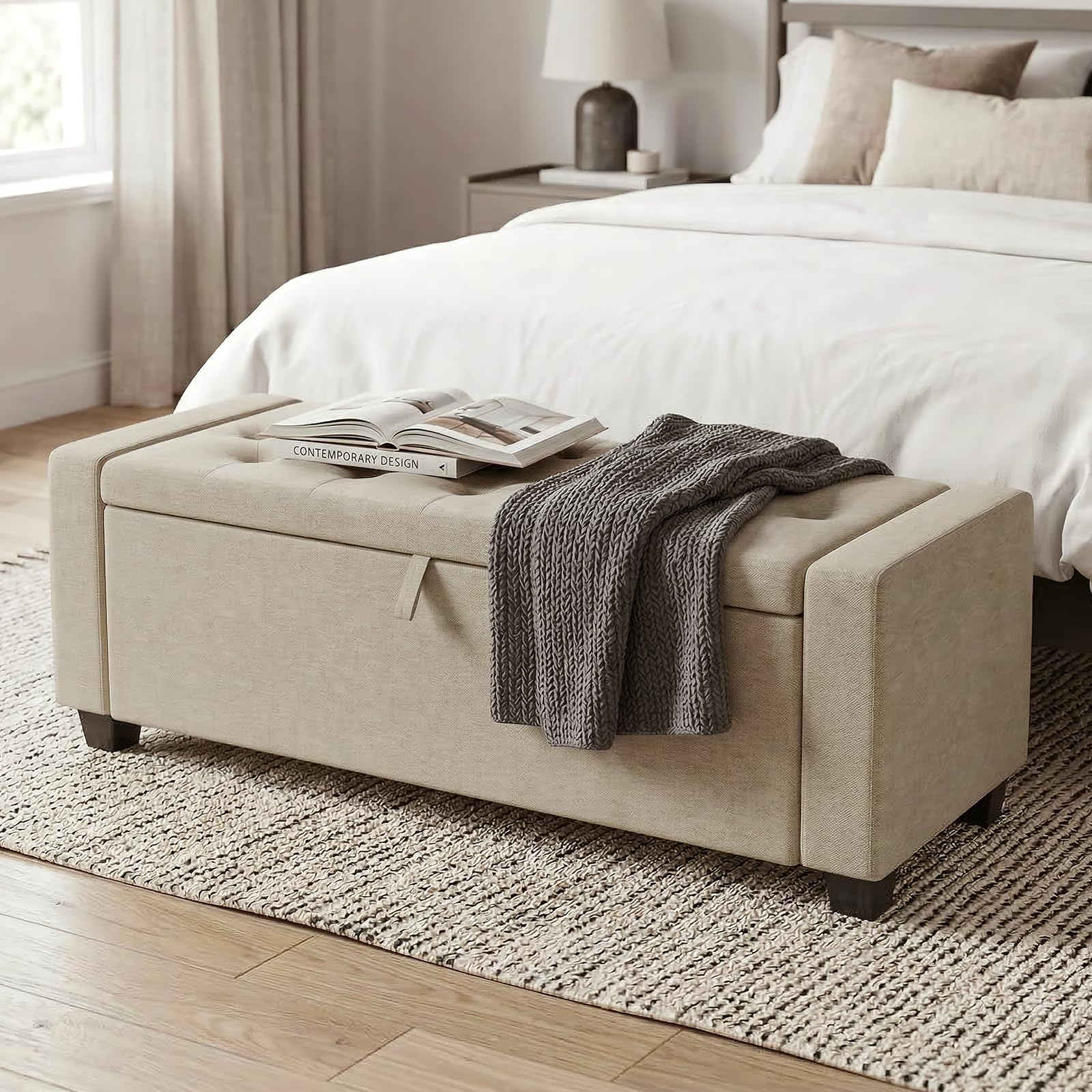 DUSACOM Storage Ottoman Bench, 50" End of Bed Bench with Legs,Storage Chest with Safety Hinge, Modern Entryway Benchs for Living Room, Bedroom, Entryway, Beige