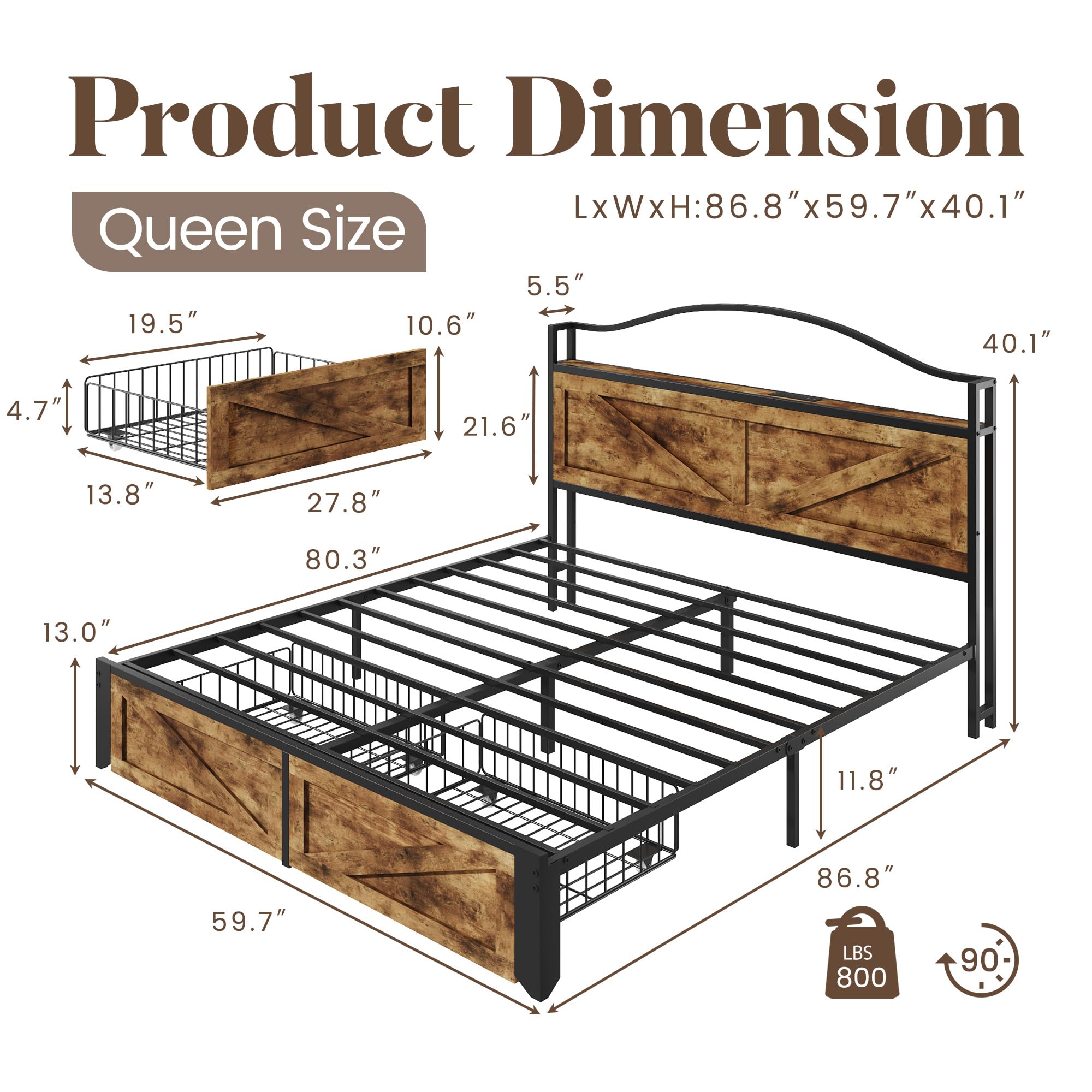 Lifezone Queen Bed with Farmhouse Storage Headboard, Queen Bed with 2 Storage Drawers and Fast-Charging Station and Led Light, No Box Spring Needed, Noise Free, Easy Assembly, Rustic Brown