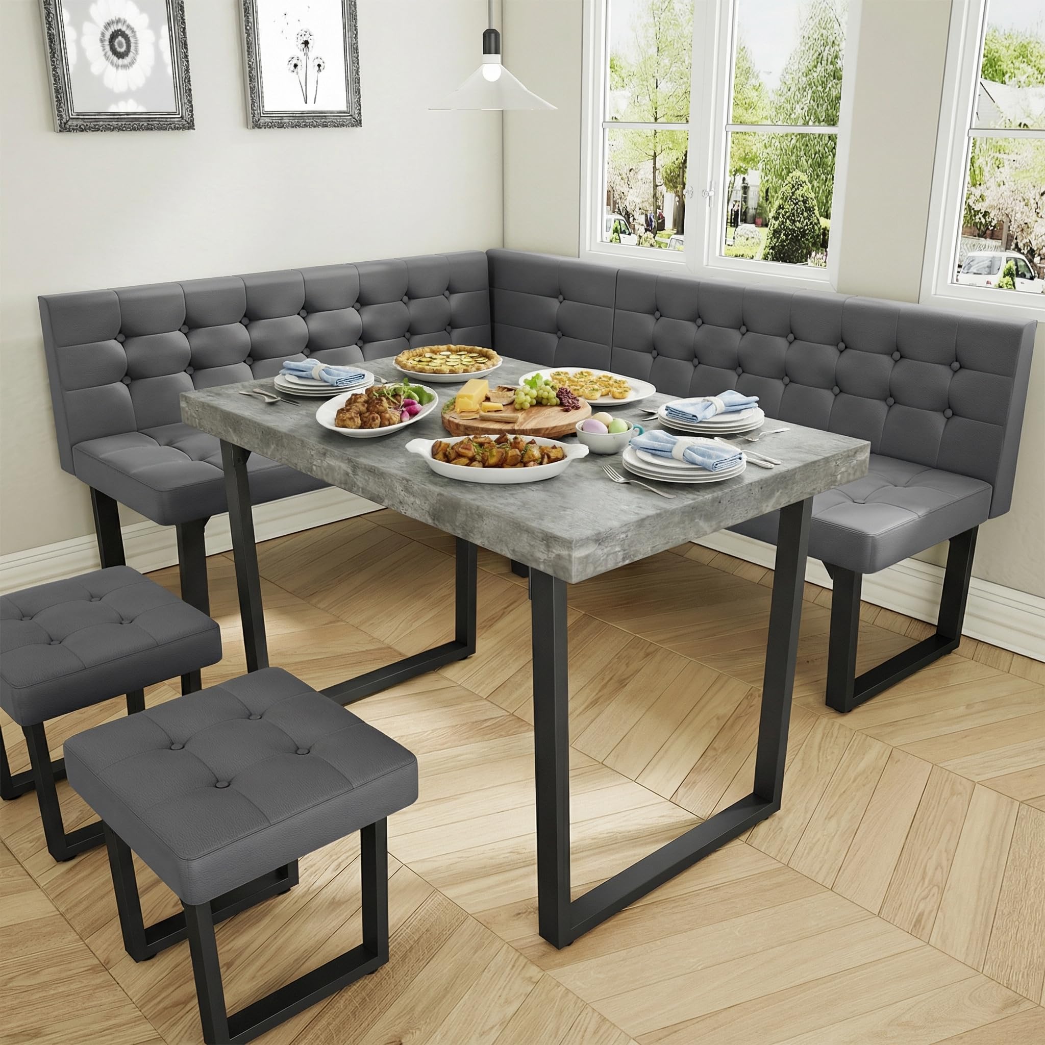 L-Shaped Corner Dining Set with Storage Bench, 5-Piece