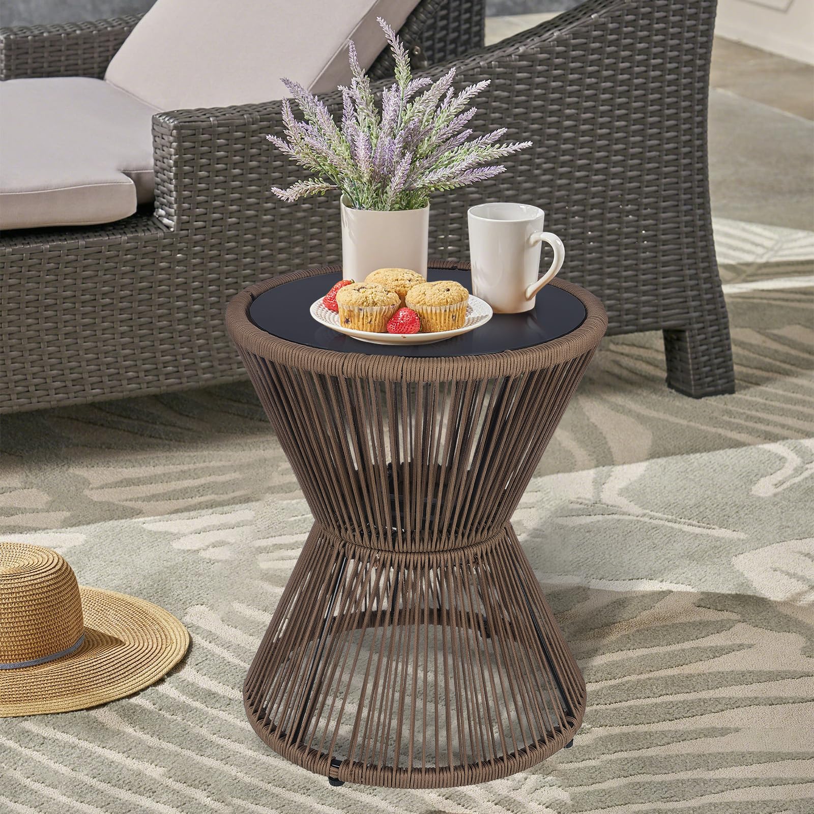 Woven Rope Round Side Table with Glass Top