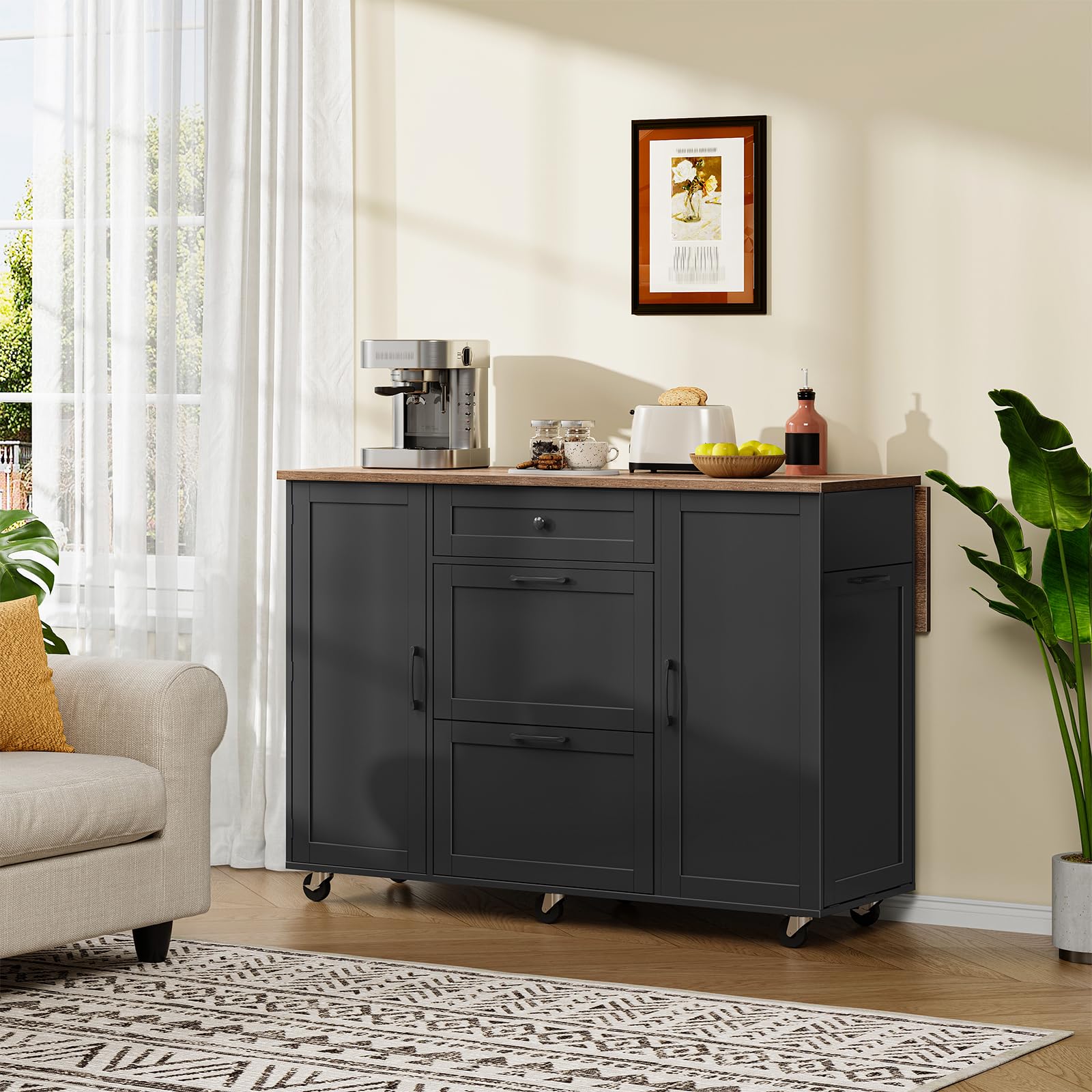 CHOEZON Kitchen Island with Trash Can Cabinet, Drop-Leaf Tabletop & 6 Wheels, 51.2-Inch Rolling Kitchen Cart with Fridge Shelf, Drawers & Adjustable Shelves, Farmhouse Style, Black and Walnut MZD07BL