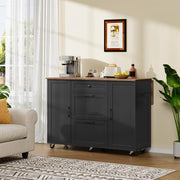 CHOEZON Kitchen Island with Trash Can Cabinet, Drop-Leaf Tabletop & 6 Wheels, 51.2-Inch Rolling Kitchen Cart with Fridge Shelf, Drawers & Adjustable Shelves, Farmhouse Style, Black and Walnut MZD07BL