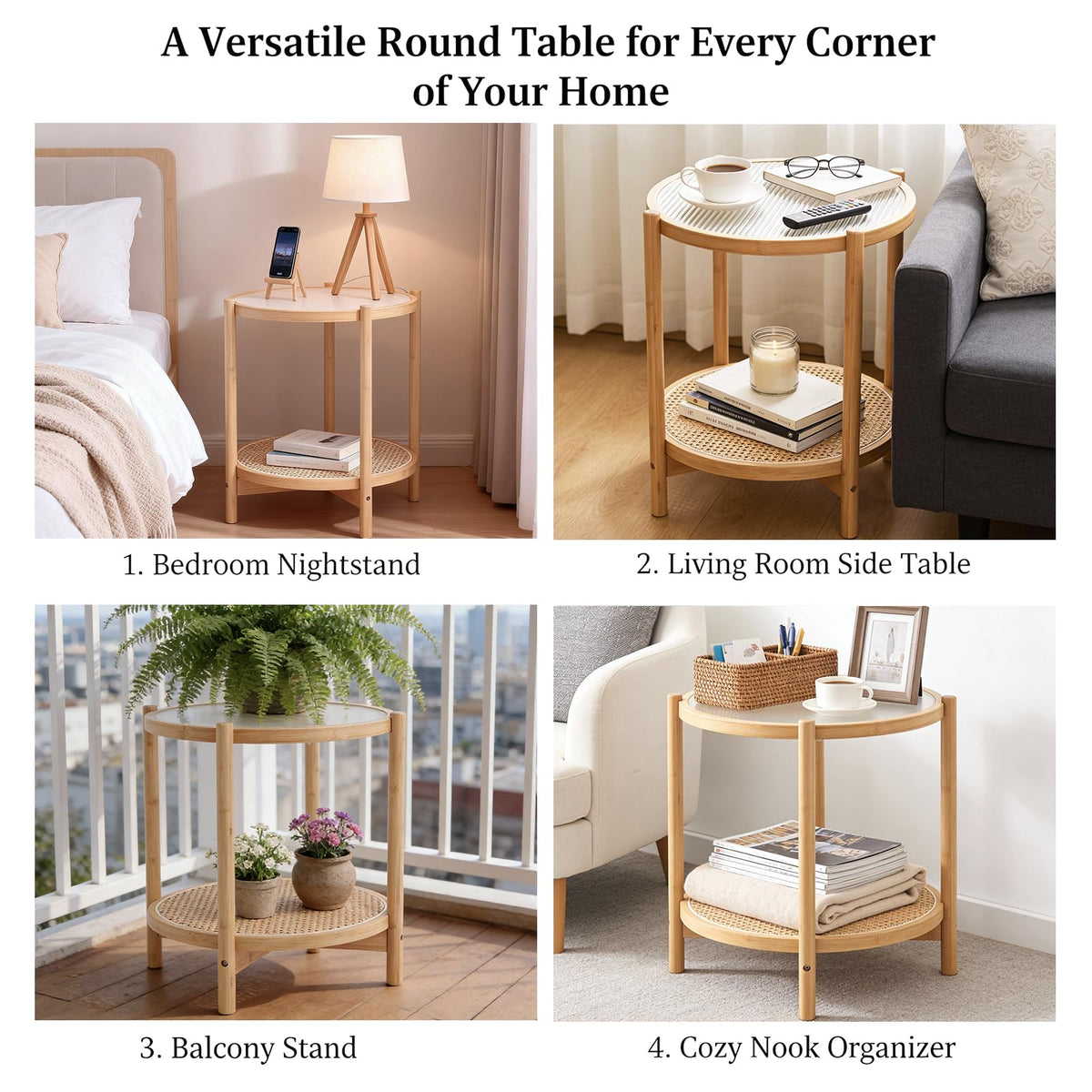 Tiita Rattan Side Table, Modern Round Bamboo End Table, Glass Top, Wood