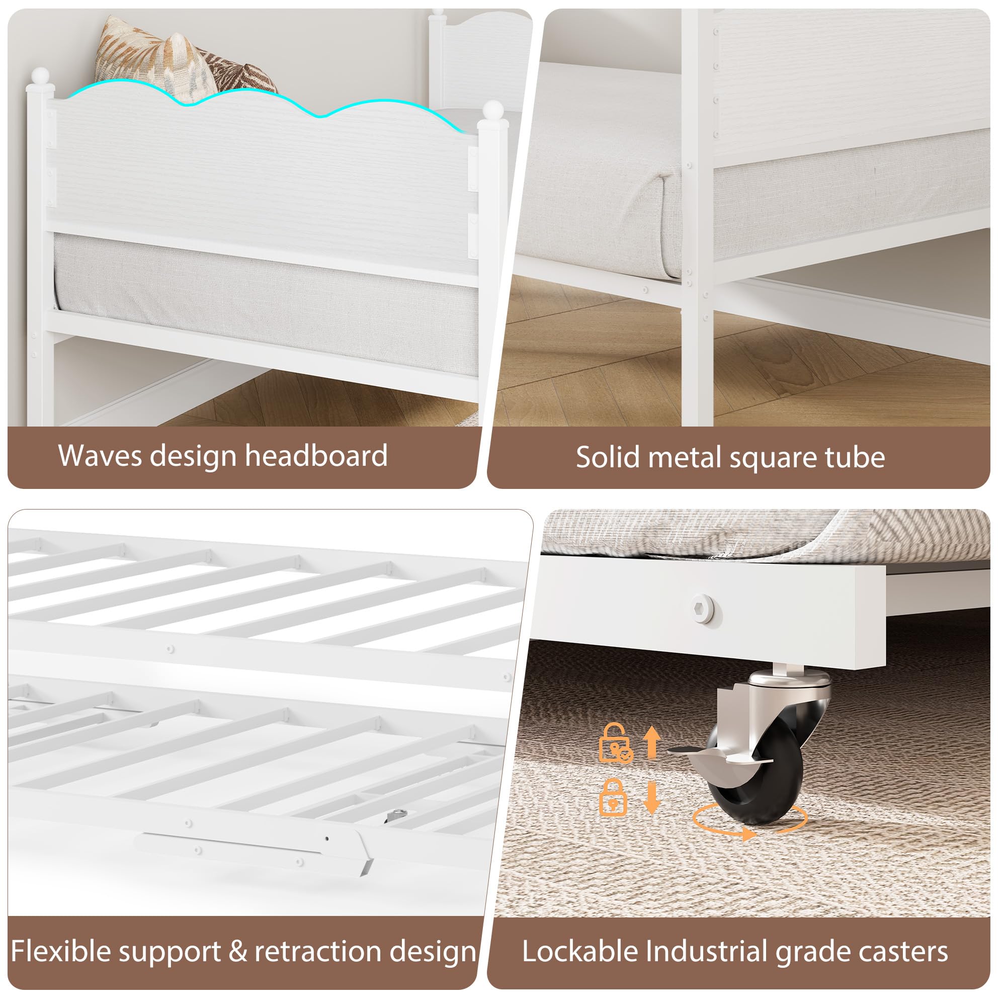 Garvee Twin Daybed with Trundle, Day Bed with Industrial Wood Grain Headboard, Steel Slats Support & Lockable Casters, Space-Saving & Multifunctional, Easy Assembly for Living Room, Bedroom, White