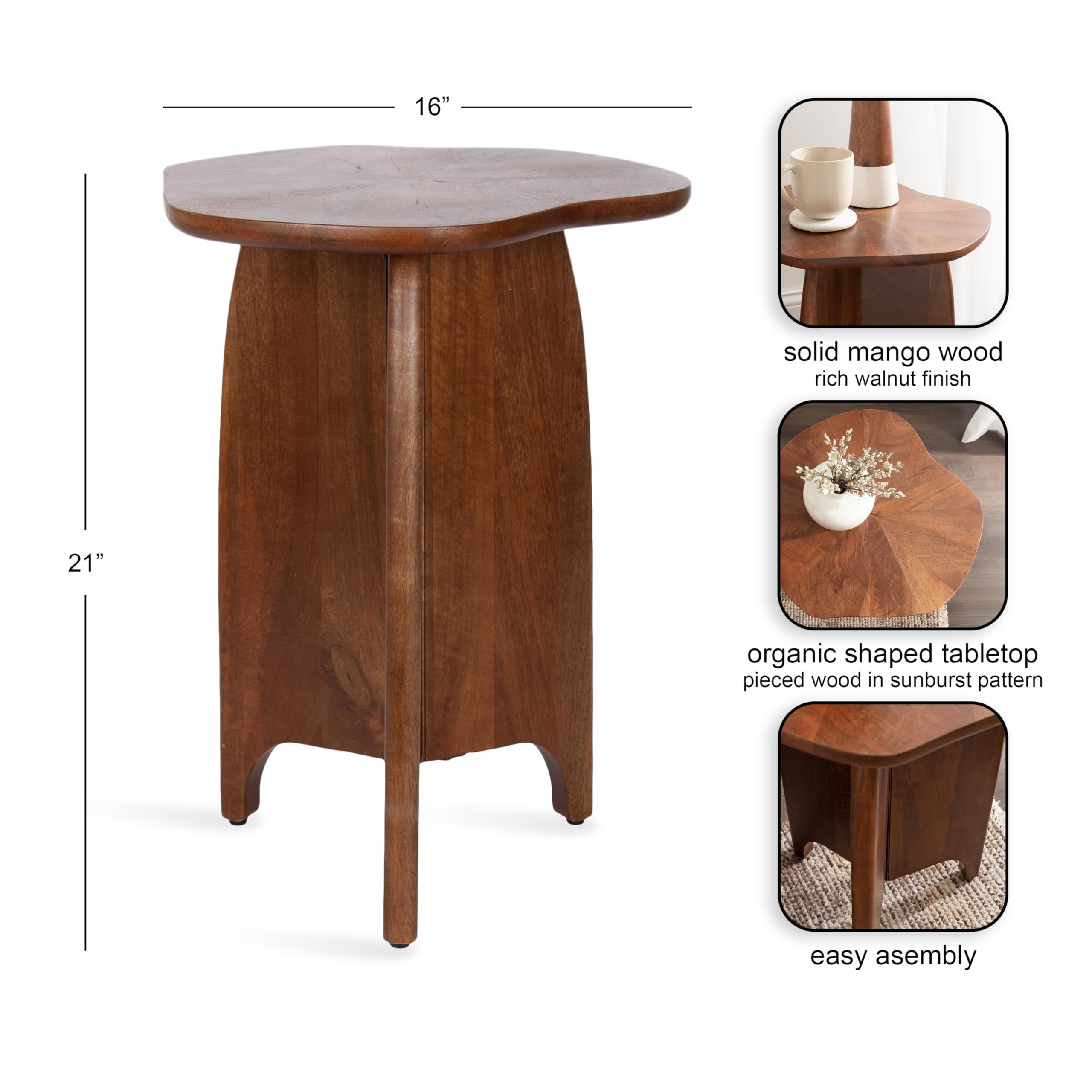Kate and Laurel Kanna Modern Wavy Pieced Mango Wood Round Side Table, 16 x 16 x 21, Walnut Brown, Mid-Century Scalloped Wooden End Table for Bedroom Nightstand or Living Room Plant Stand Indoors