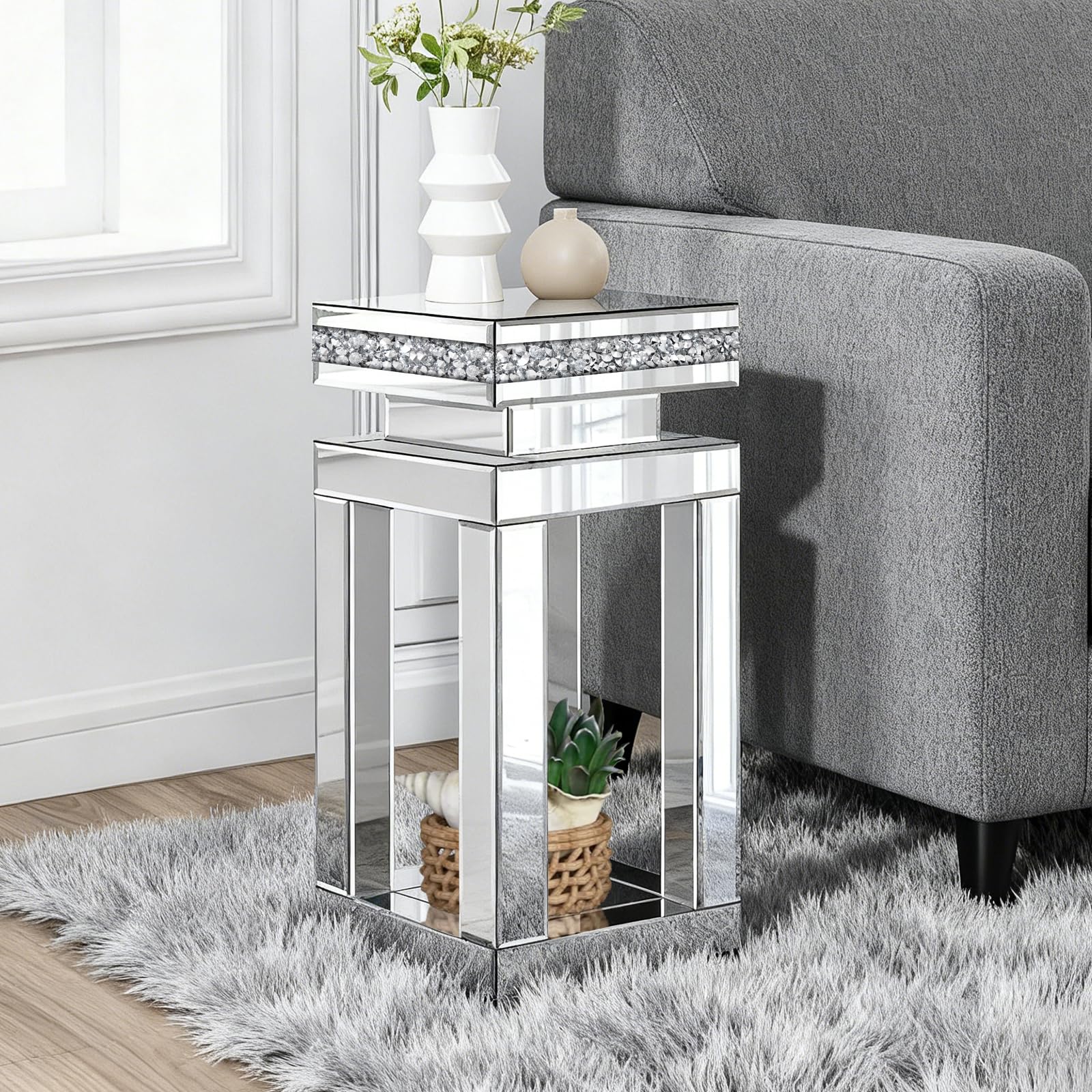 Jesantab Silver Mirrored End Table, Modern Crushed Diamond Accent Tables, Small Side Coffee Table for Living Room, Bedroom, 11.8"x11.8"x23.6"