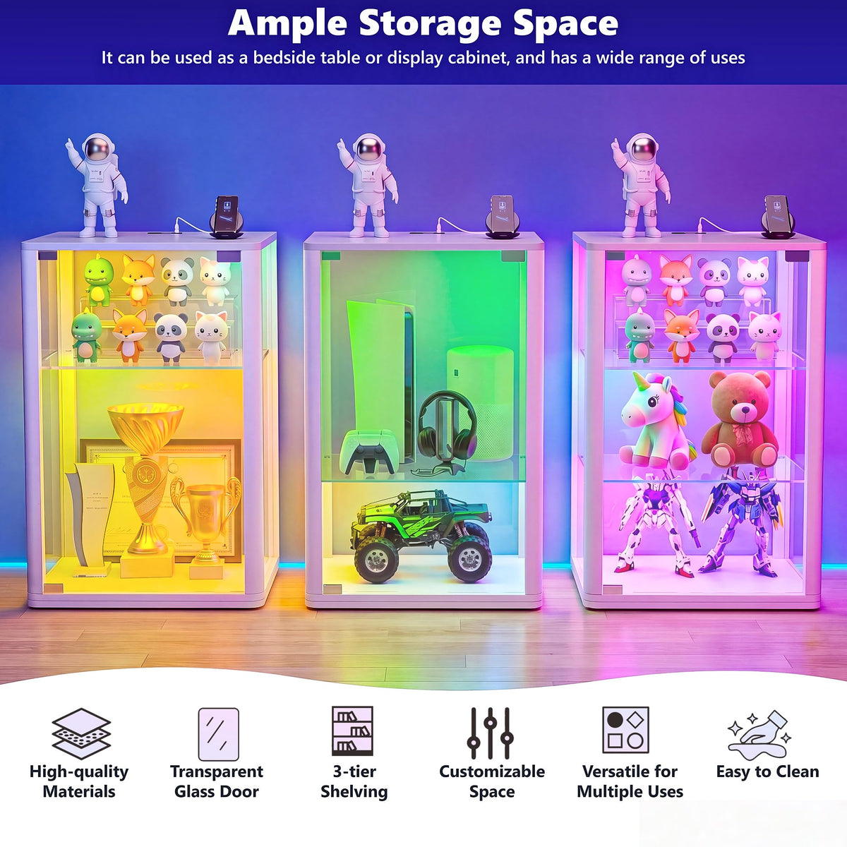 HNEBC 2 Pack 360 Glass Display Cabinet, Glass Doors, RGB LED Lights, White