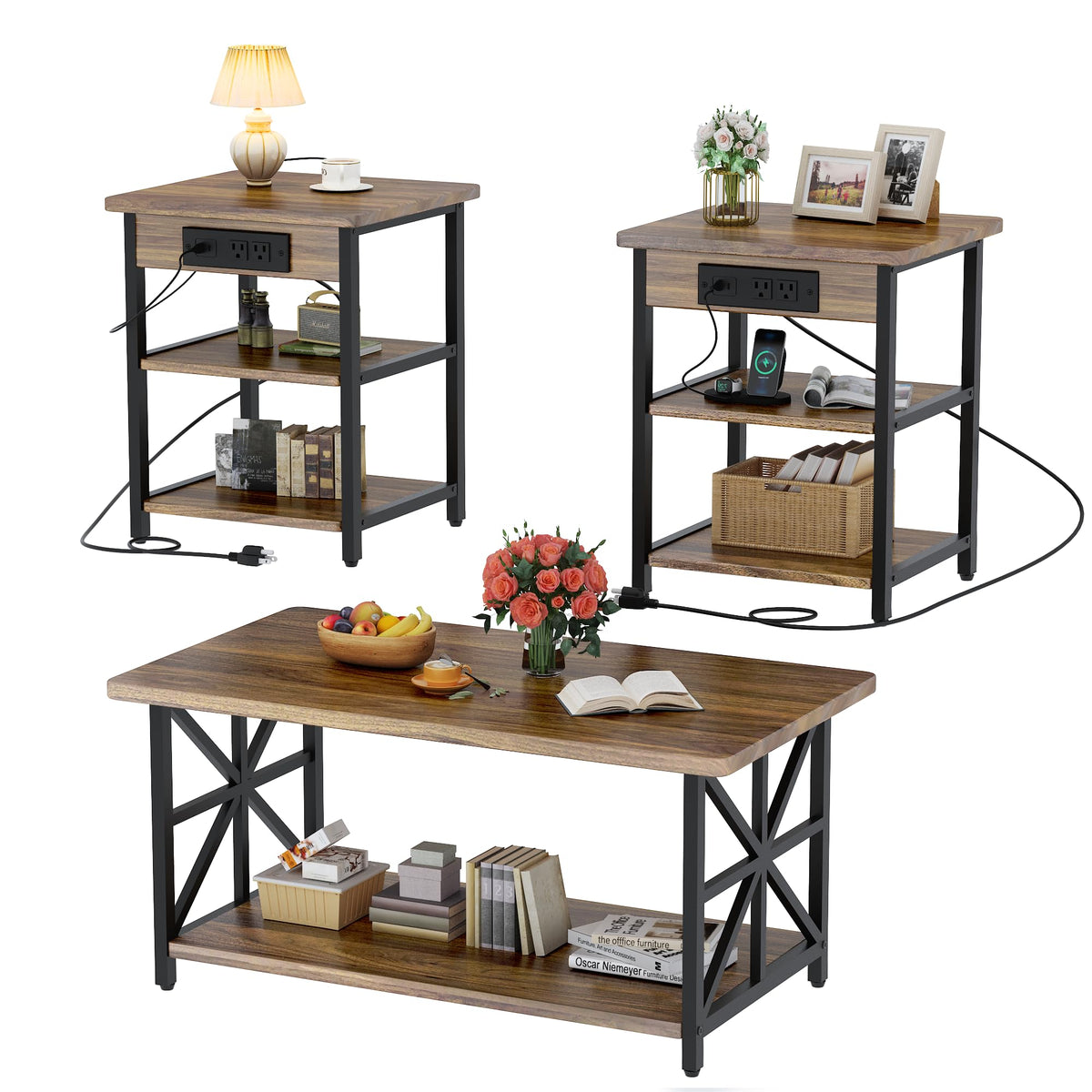 AWQM 3 Piece Coffee Table Set,End Table with Charging Station(Walnut)