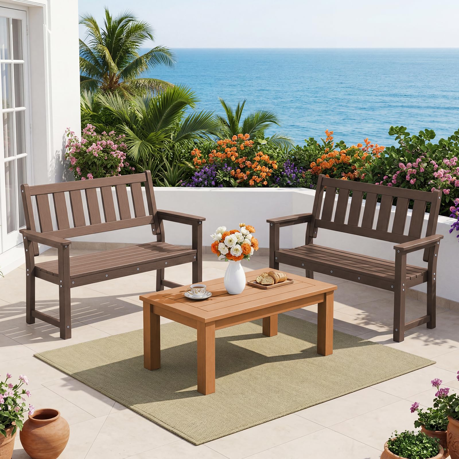 ACUEL 50" HDPE Outdoor Bench, 2-Person Poly Lumber Weatherproof Patio Garden Bench Seating with 800 lbs Weight Capacit, Bench for Porch, Backyard, Lawn, Park, Balcony and Church Furniture (Brown)