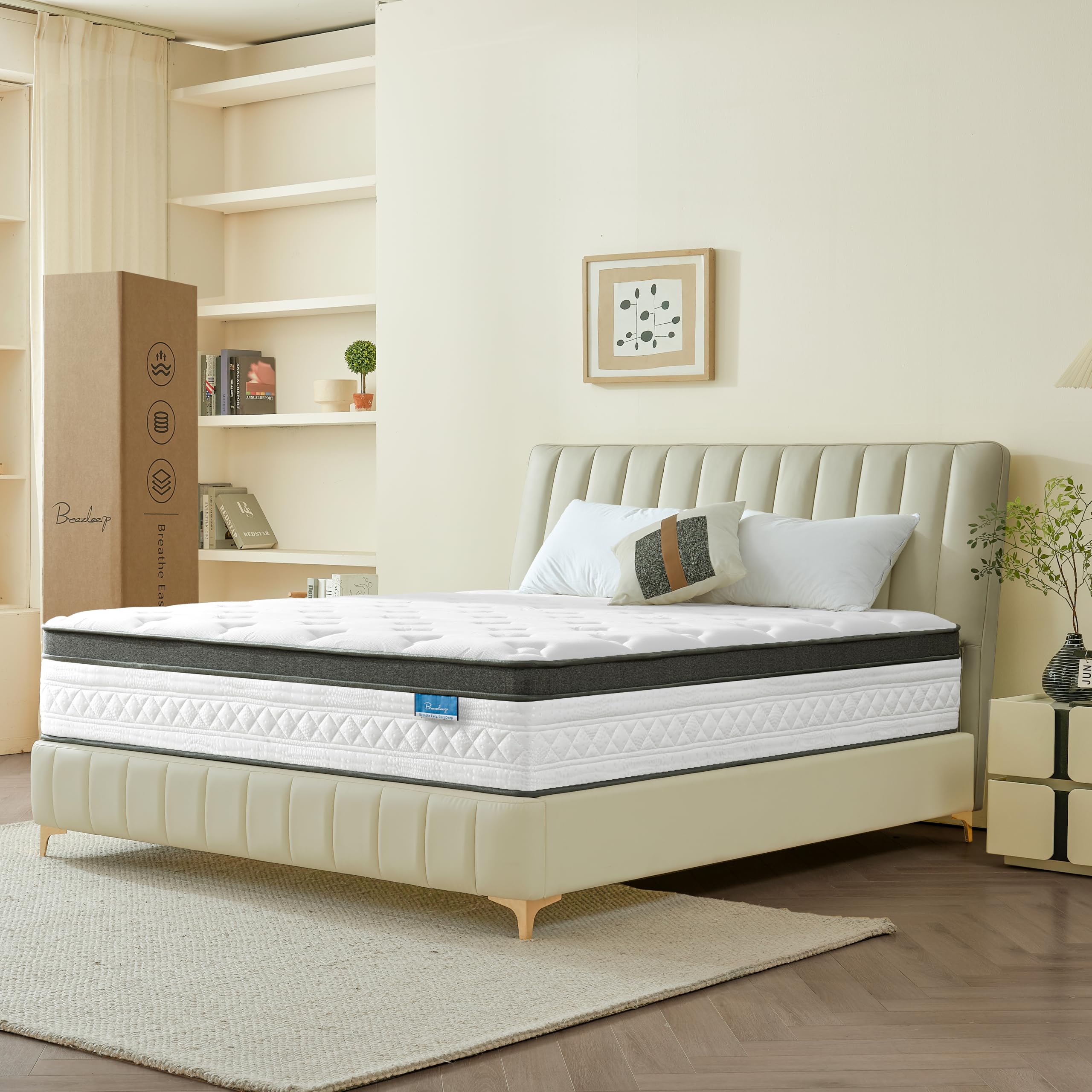 Breezleep Queen Mattress, 12 Inch Cooling Hybrid Queen Size Mattress in a Box, Medium Firm with Gel Memory Foam & Pocket Coils, Motion Isolation, Pressure Relief, CertiPUR-US