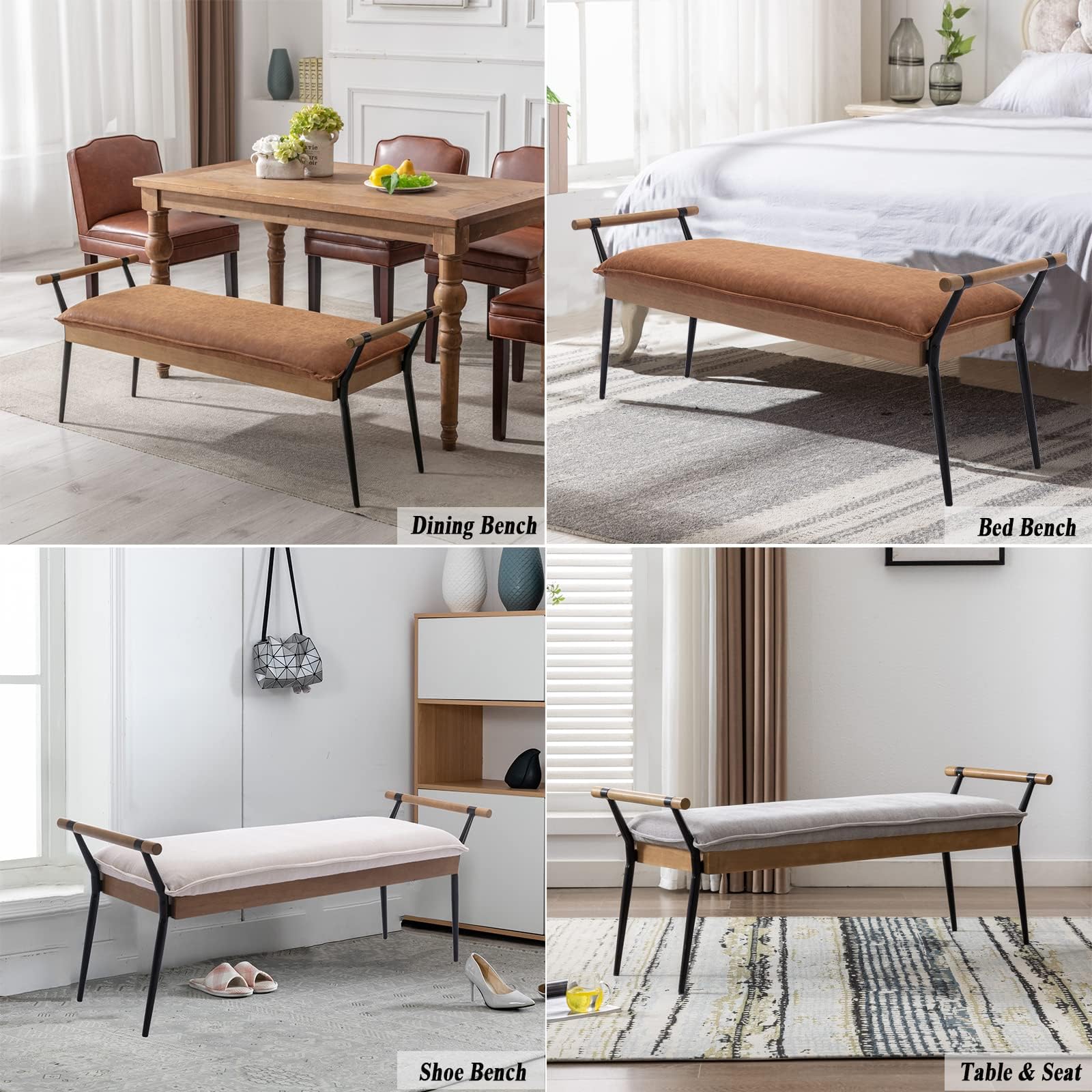 Upholstered Ottoman Bench with Arms & Metal Legs