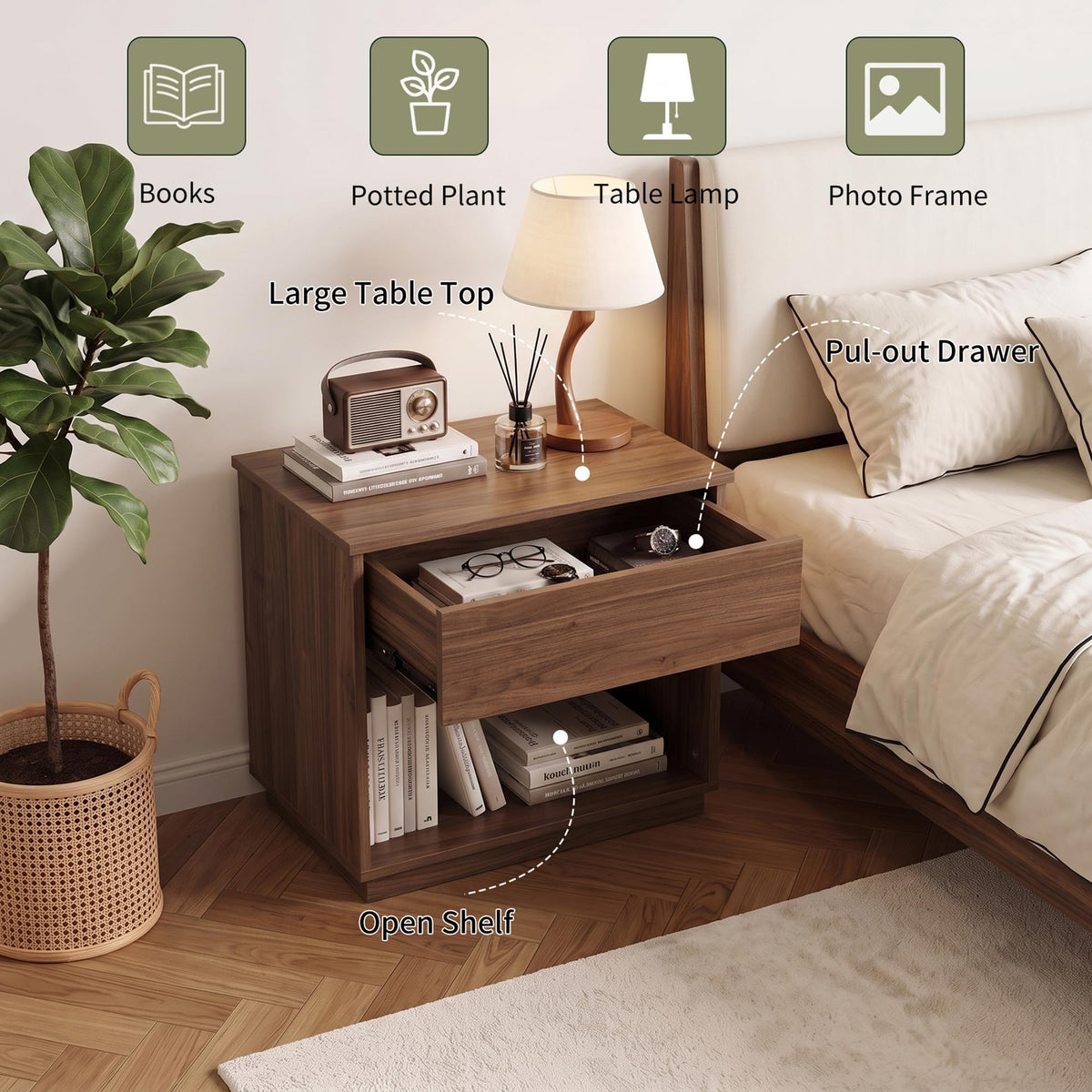HIPIHOM 31.5" Wide Walnut Nightstand with Drawer and Open Shelf for Bedroom