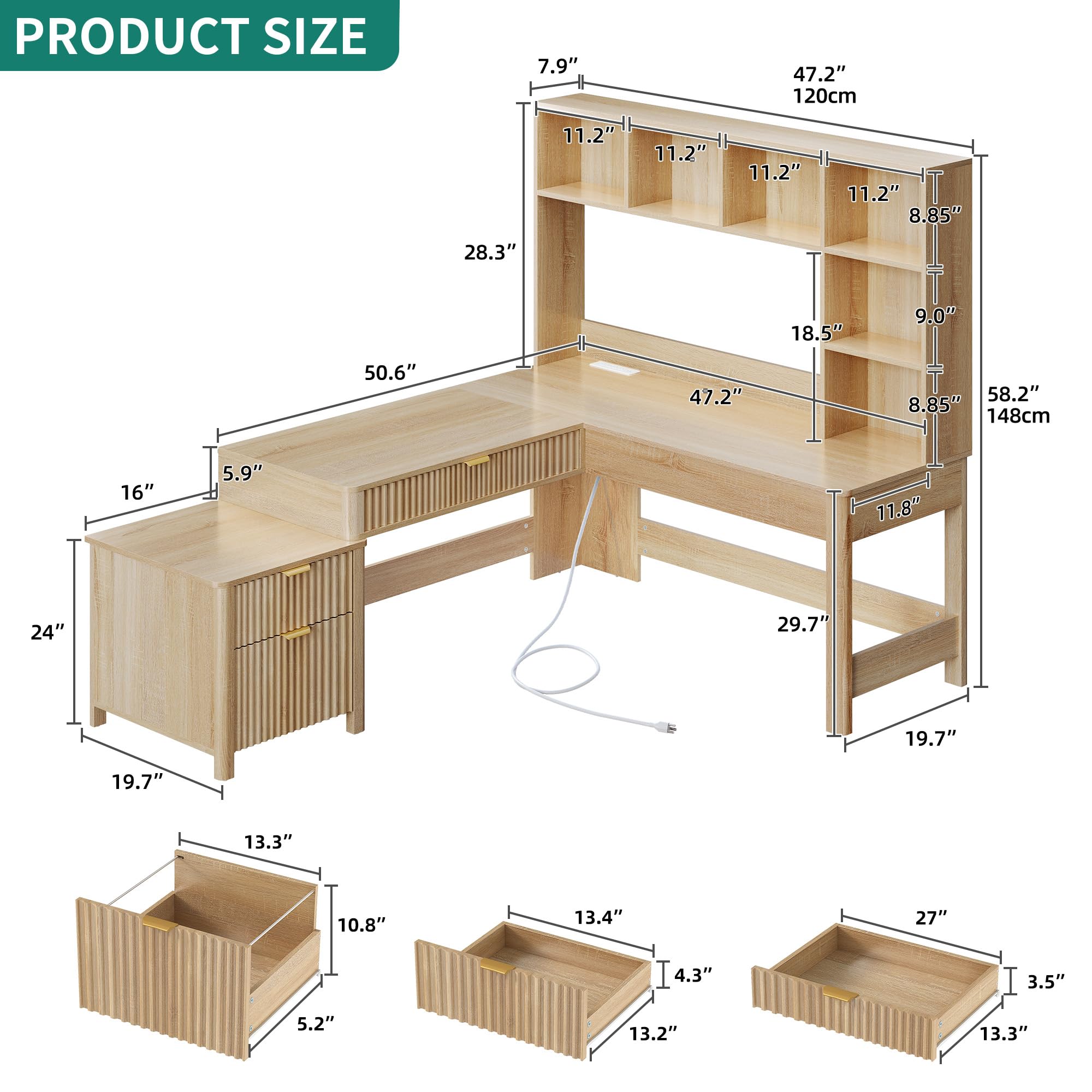 L-Shaped Desk with Hutch, Drawers & Power Outlets