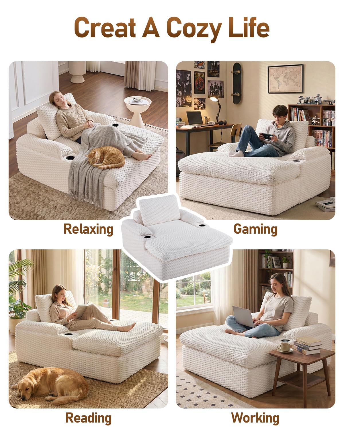 Karl home 59.8" Chaise Lounge Chair Indoor,20.1" Deep Seat, White