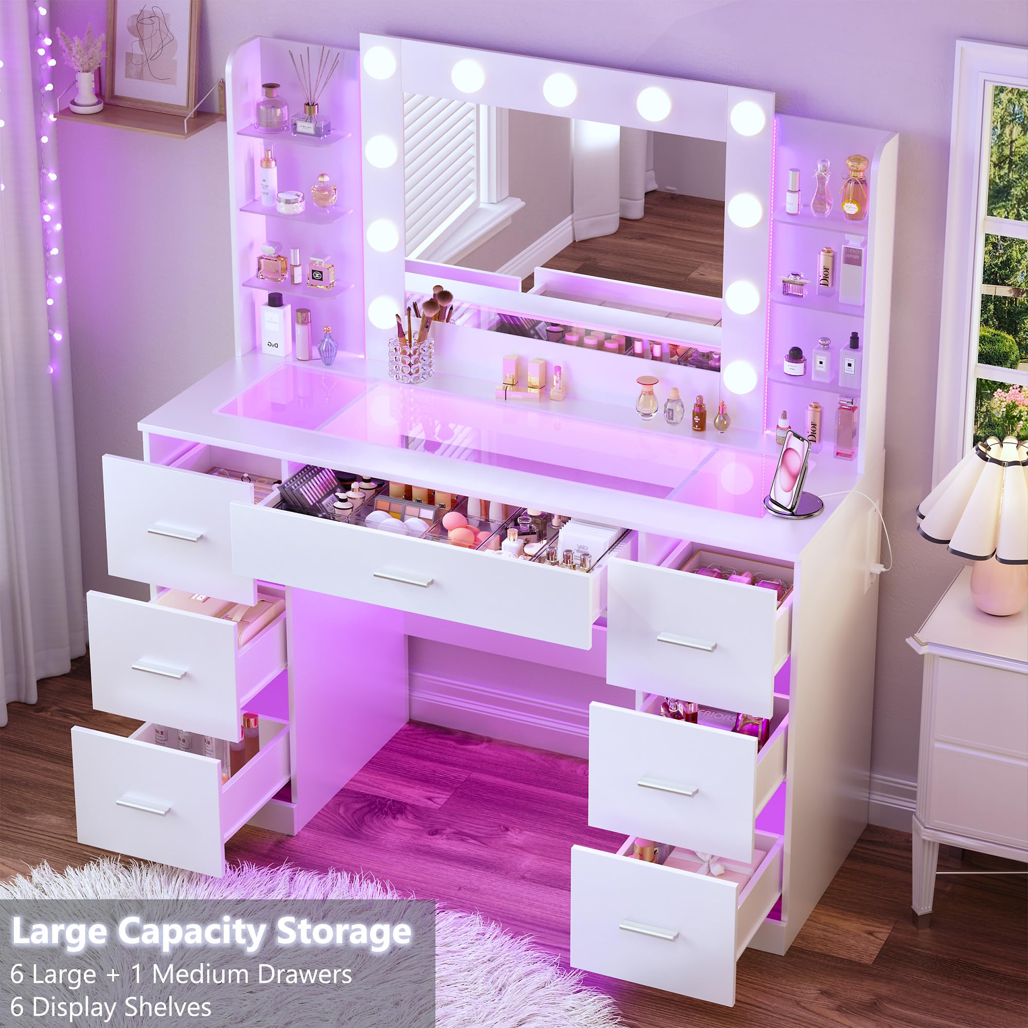 HUAHUU Vanity Desk with Mirror and Hollywood Lights, Makeup Vanity 6 Backlit Open Shelves with Frosted Panel & RGB Light, Transparent Top, Power Outlet, 7 Drawers & Storage Organizer for Bedroom