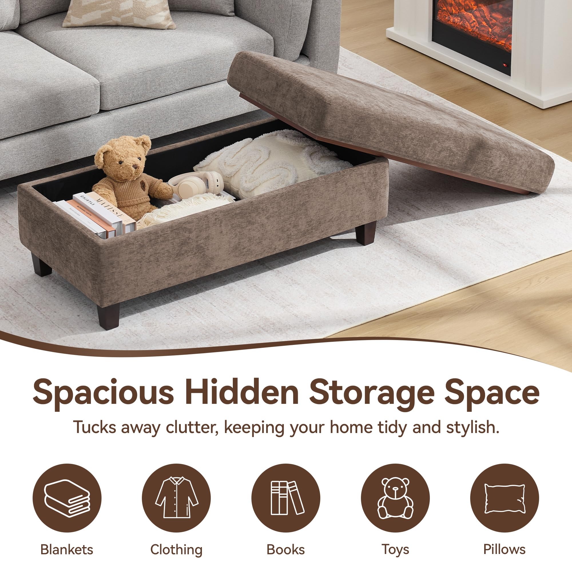 45 Inch Large Storage Ottoman Bench with Wooden Tray Coffee Table, Brown Chenille Upholstered Foot Rest, Multifunctional Foot Stool Ottoman for Living Room, Bedroom & Entryway, Solid Wood Legs
