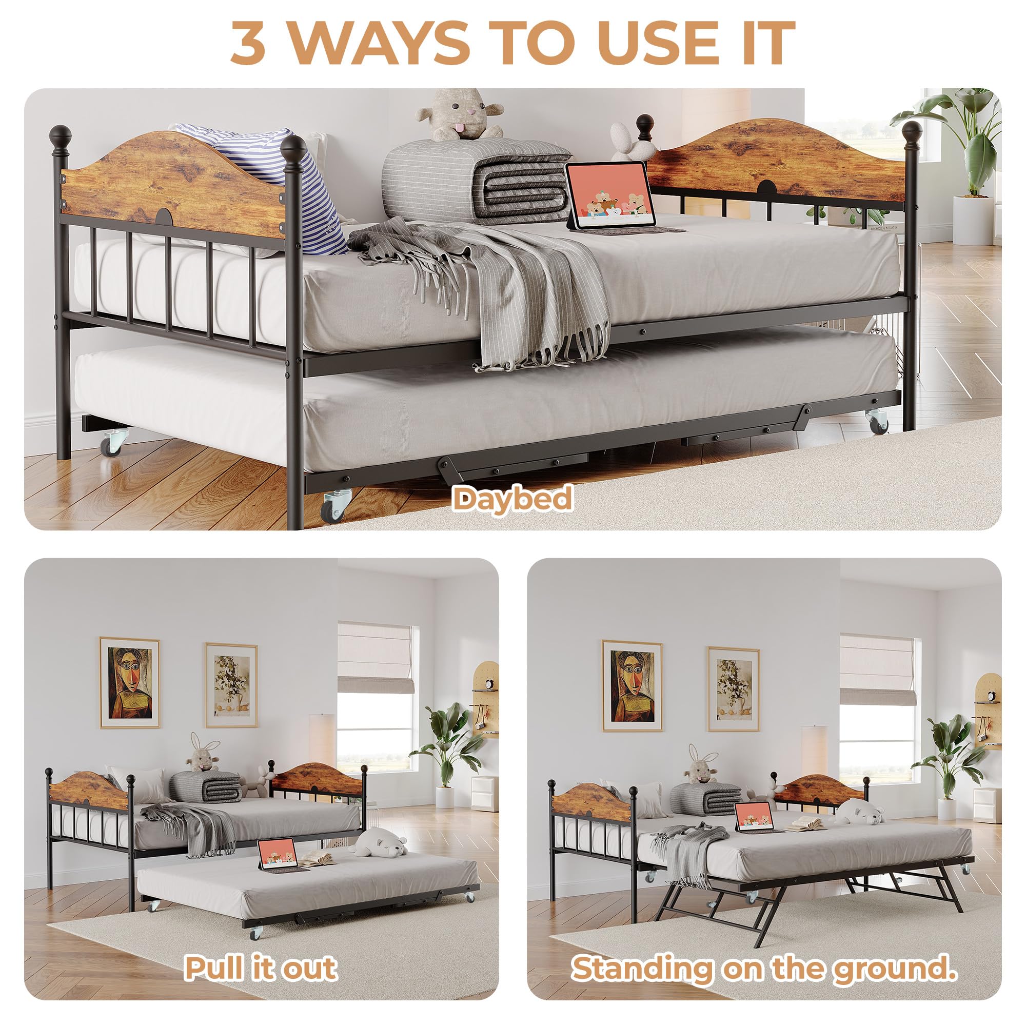 Garvee Twin Daybed with Trundle, Twin Bed Frame with with Stylish Headboard, Heavy Duty Steel Slats Platform for Living Room, Bedroom, Brown