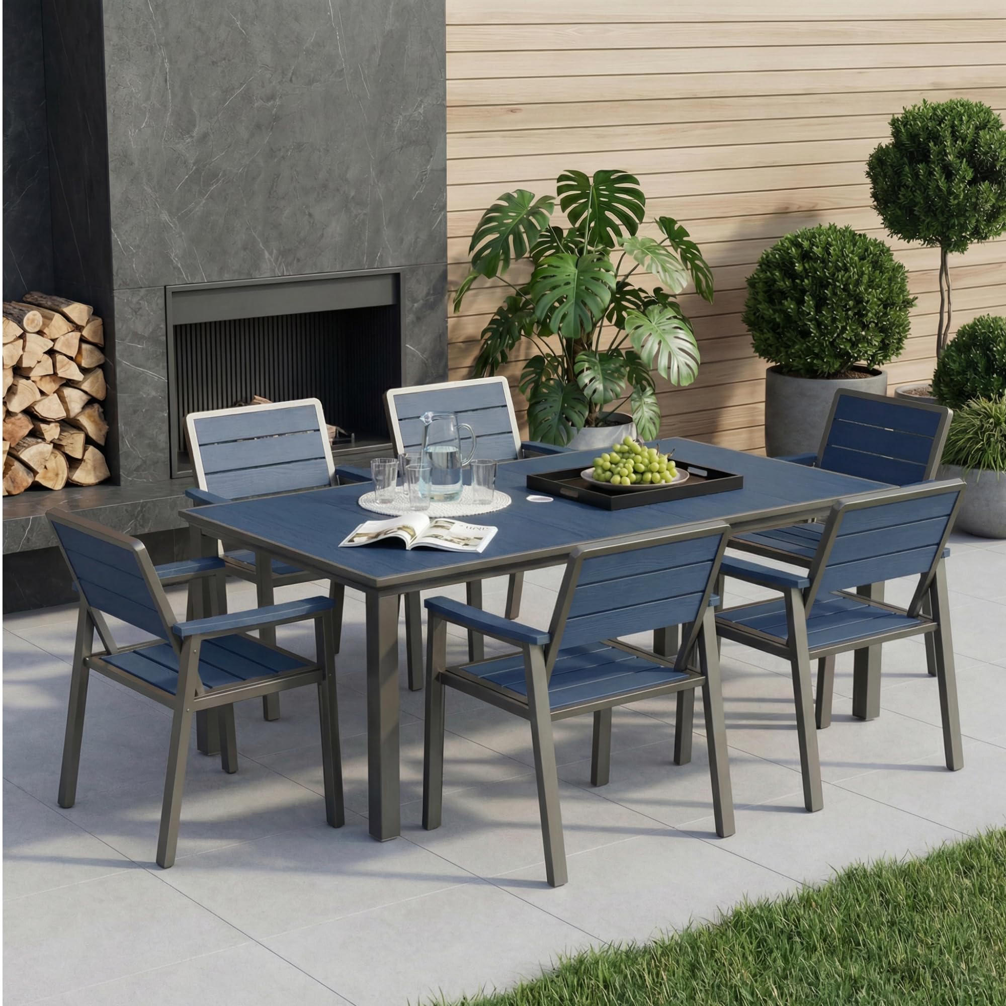 Patio Kingdom 7 Piece Patio Dining Set for 6, Outdoor HDPE Table and Chairs with Umbrella Hole, All Weather Outdoor Furniture for Backyard, Deck, Lawn, Poolside, Blue