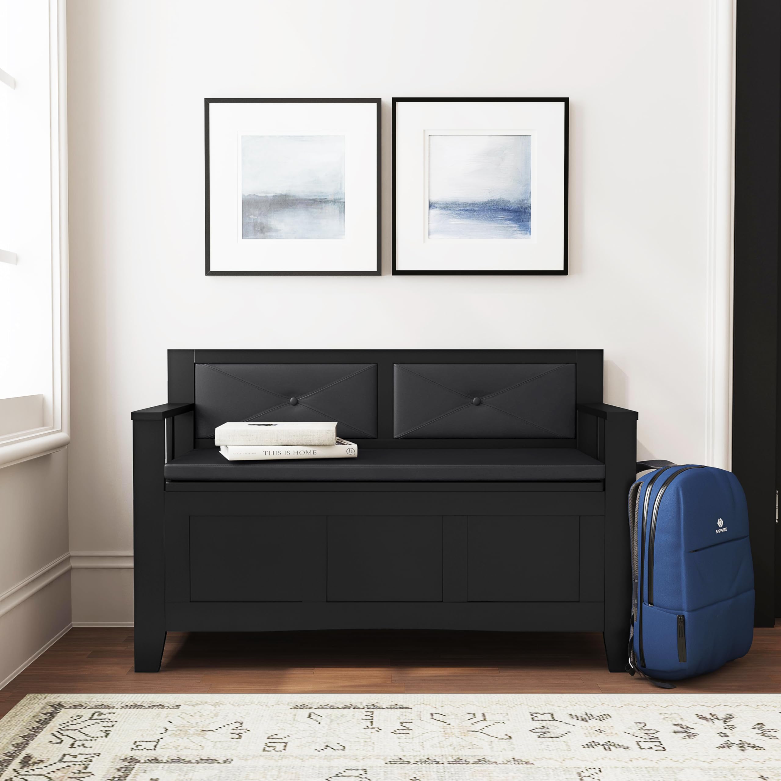 Linon Carlton Padded Bench, 44.5"W x 17"D x 30"H, Black