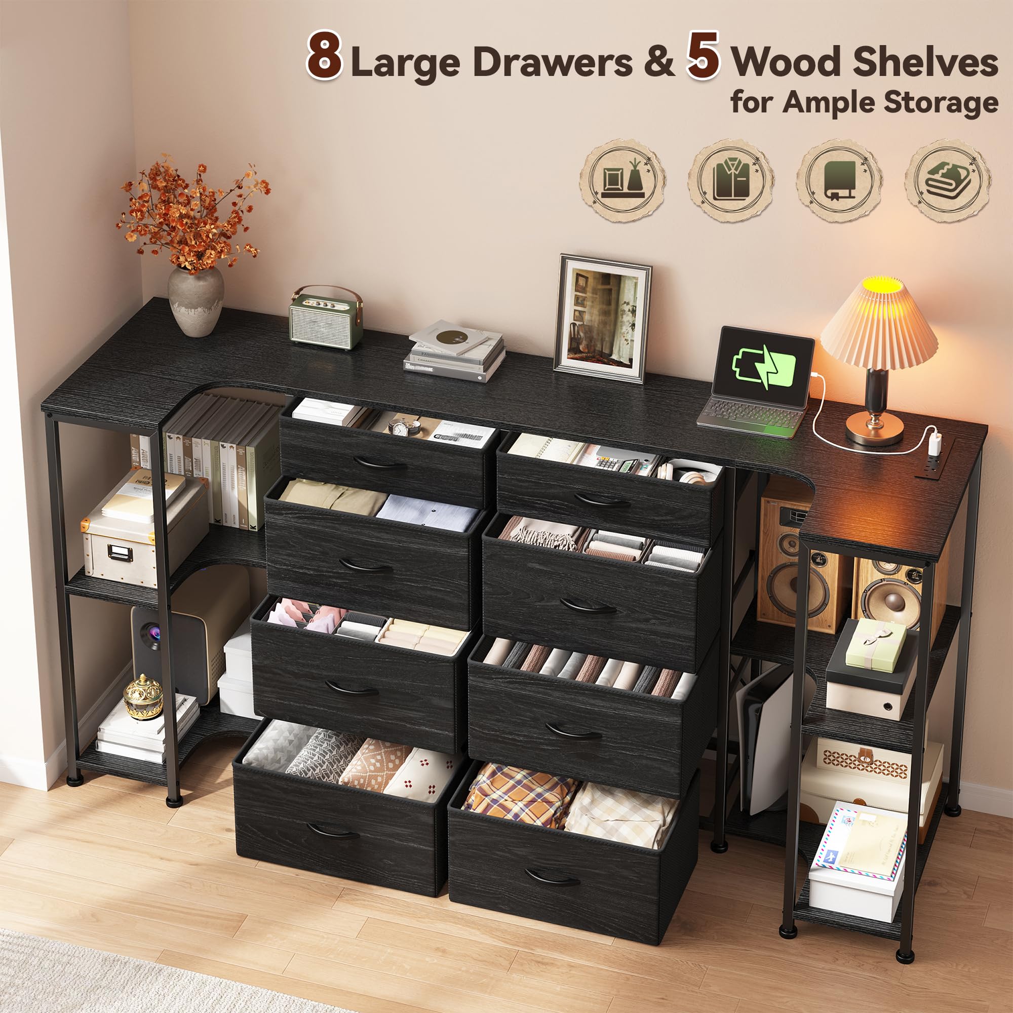 8-Drawer Dresser & TV Stand with Charging Station