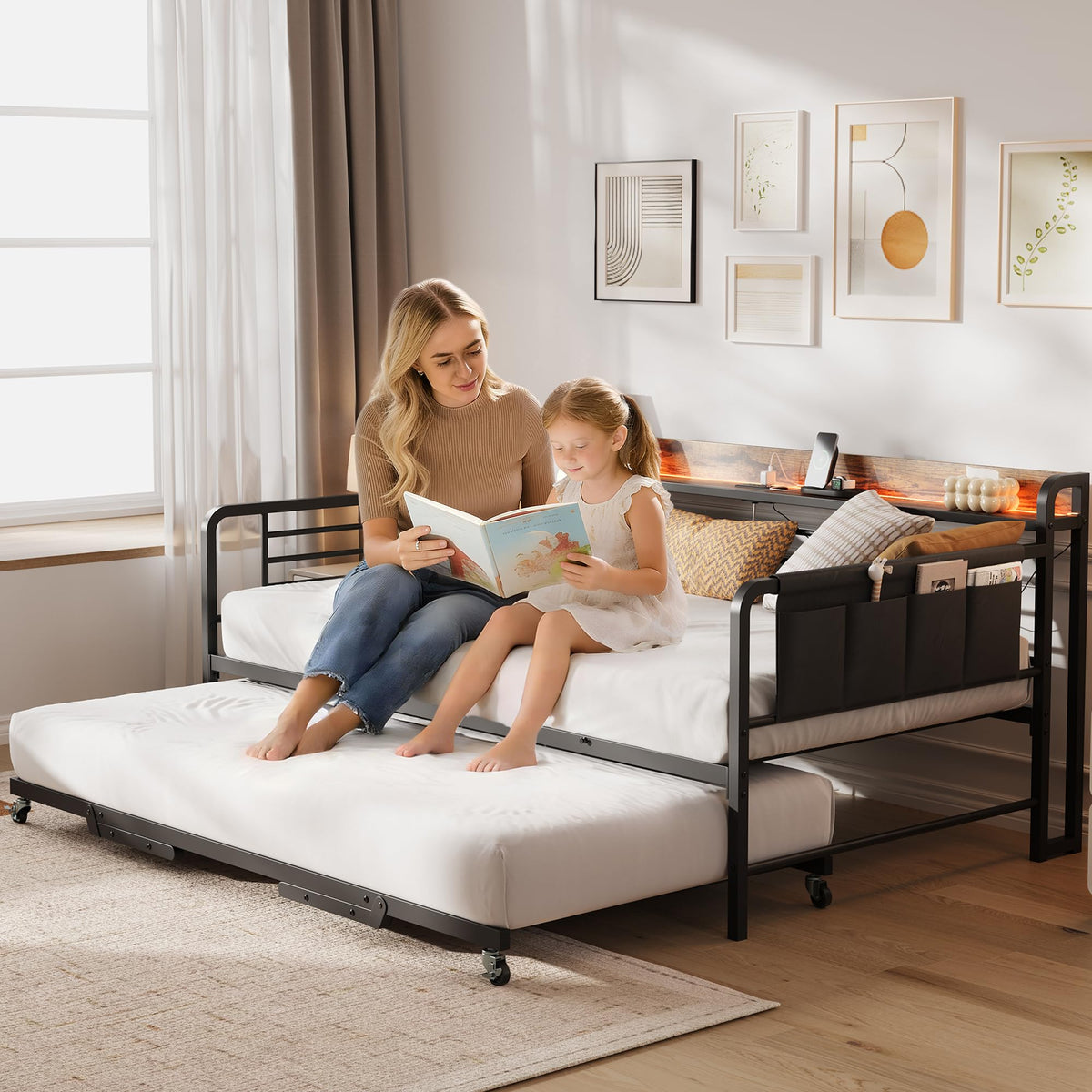 IDEALHOUSE Twin Daybed with Trundle Bed, Charging Station and LED Light