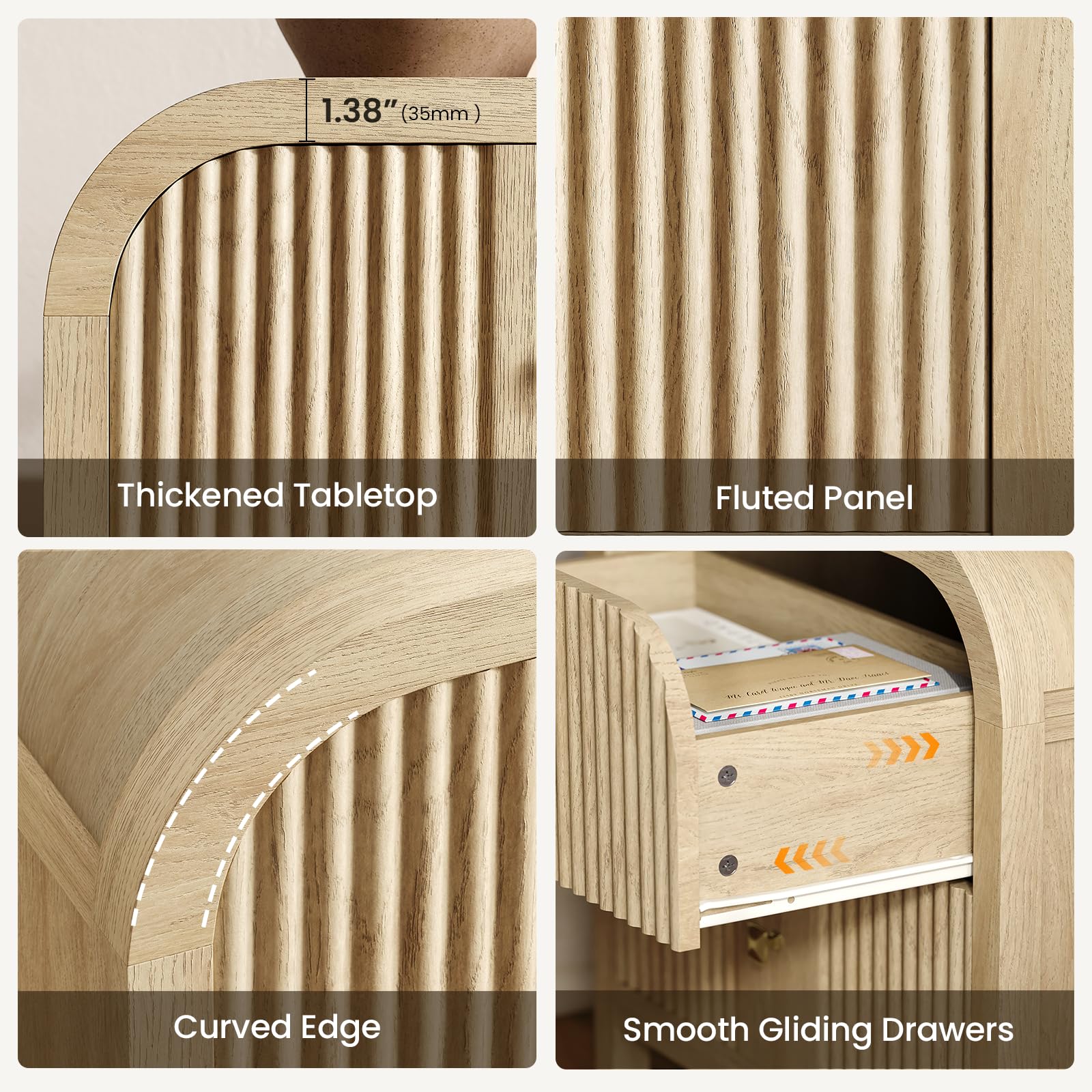 2-Drawer Wave-Fluted Nightstand with Curved Top