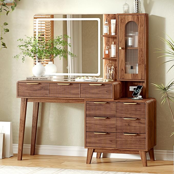 Glass-Top Makeup Vanity with LED Mirror