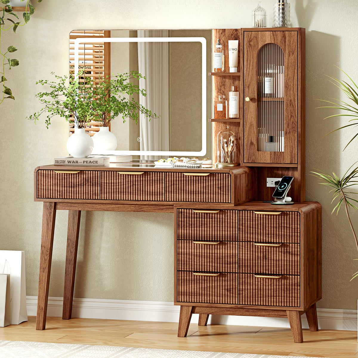 Glass Top Makeup Vanity with 3-Color LED Lighted Mirror & Power Strip, Large Vanity Table with 9 Drawers, Enclosed Cabinet & 2-Tier Open Shelves, Wooden Legs Bedroom Dressing Table, 51.38"W, Brown