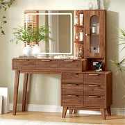 Glass Top Makeup Vanity with 3-Color LED Lighted Mirror & Power Strip, Large Vanity Table with 9 Drawers, Enclosed Cabinet & 2-Tier Open Shelves, Wooden Legs Bedroom Dressing Table, 51.38"W, Brown