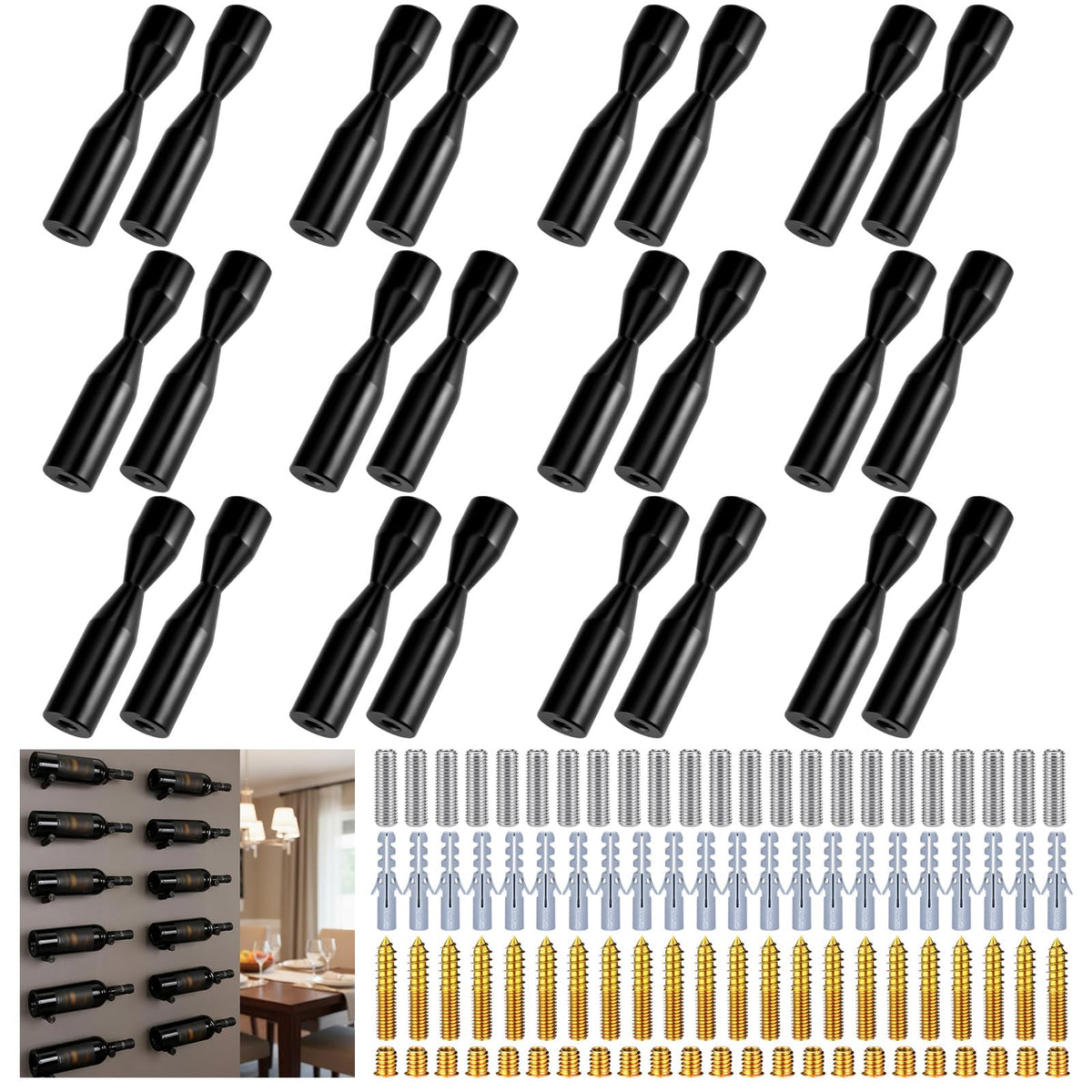 Flutesan 24 Pack Wine Pegs Aluminum Alloy Wall-Mounted Wine Rack, Black