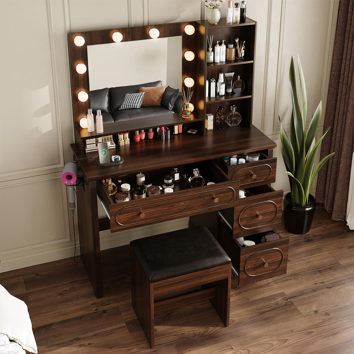 Walnut Brown Lighted Makeup Vanity