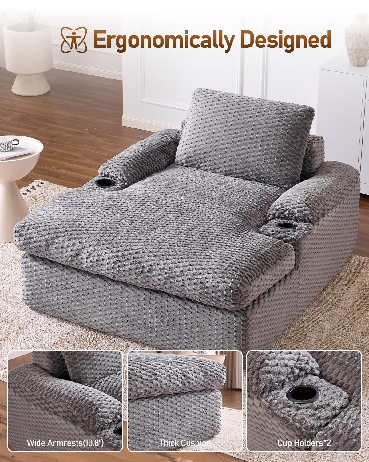 Karl home 59.8" Chaise Lounge Chair Indoor,20.1" Deep Seat,Gray