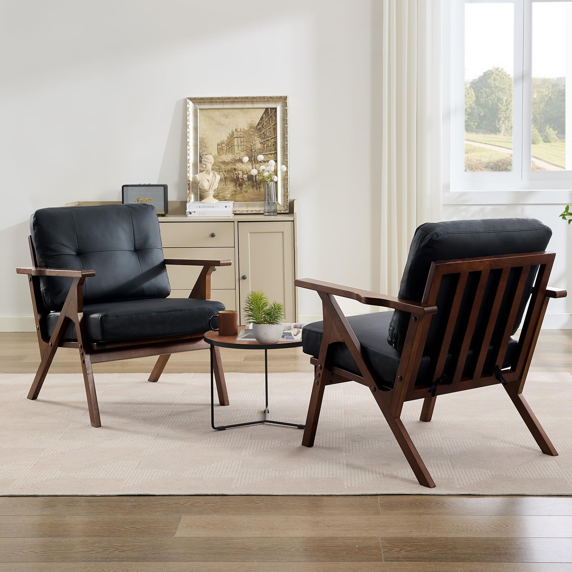 Mid-Century Leather Accent Chair with Wooden Arms