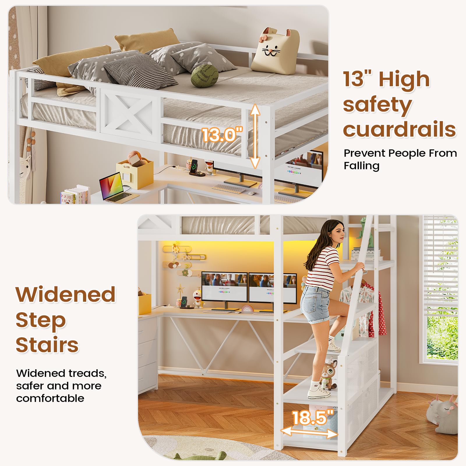 Full Size Loft Bed with Desk & Storage Stairs