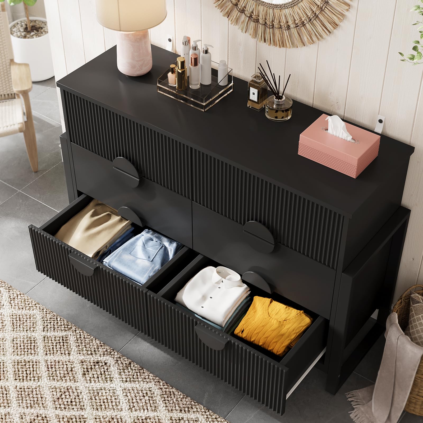6-Drawer Fluted Dresser with Steel Frame
