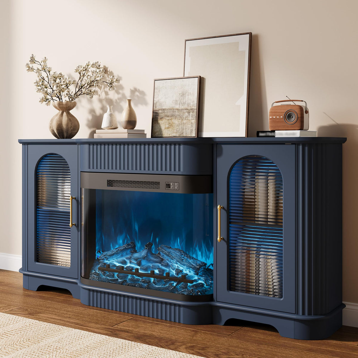 RNLRNL 70" Fluted TV Stand with 30" Curved Electric Fireplace, Navy Blue