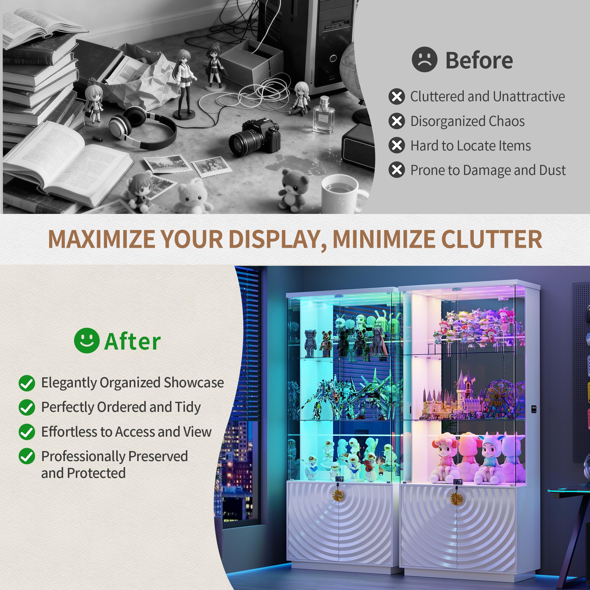 4-Tier Glass Display Cabinet with RGB LED Lights, Motion Sensor & Lockable Pop-Up Door – 70.9"