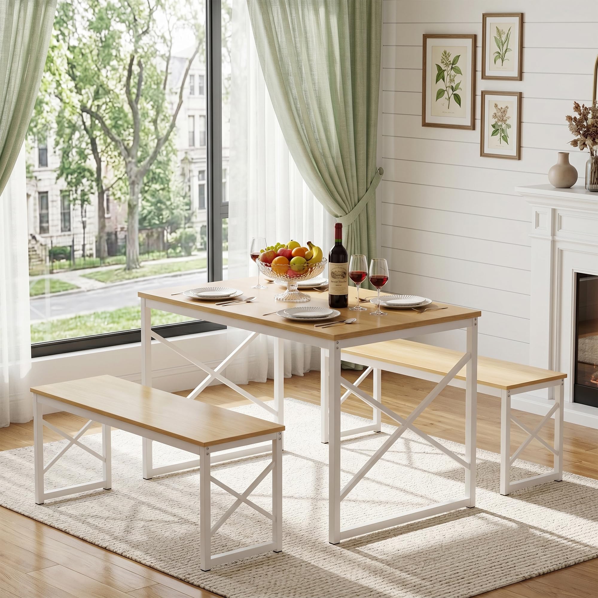 VECELO Kitchen Dining Table Benches Set for 4, 43.3" Wooden Dinette with 2 Benches, Heavy-Duty Dining Room Table for Small Space, Breakfast Nook, Natural Oak