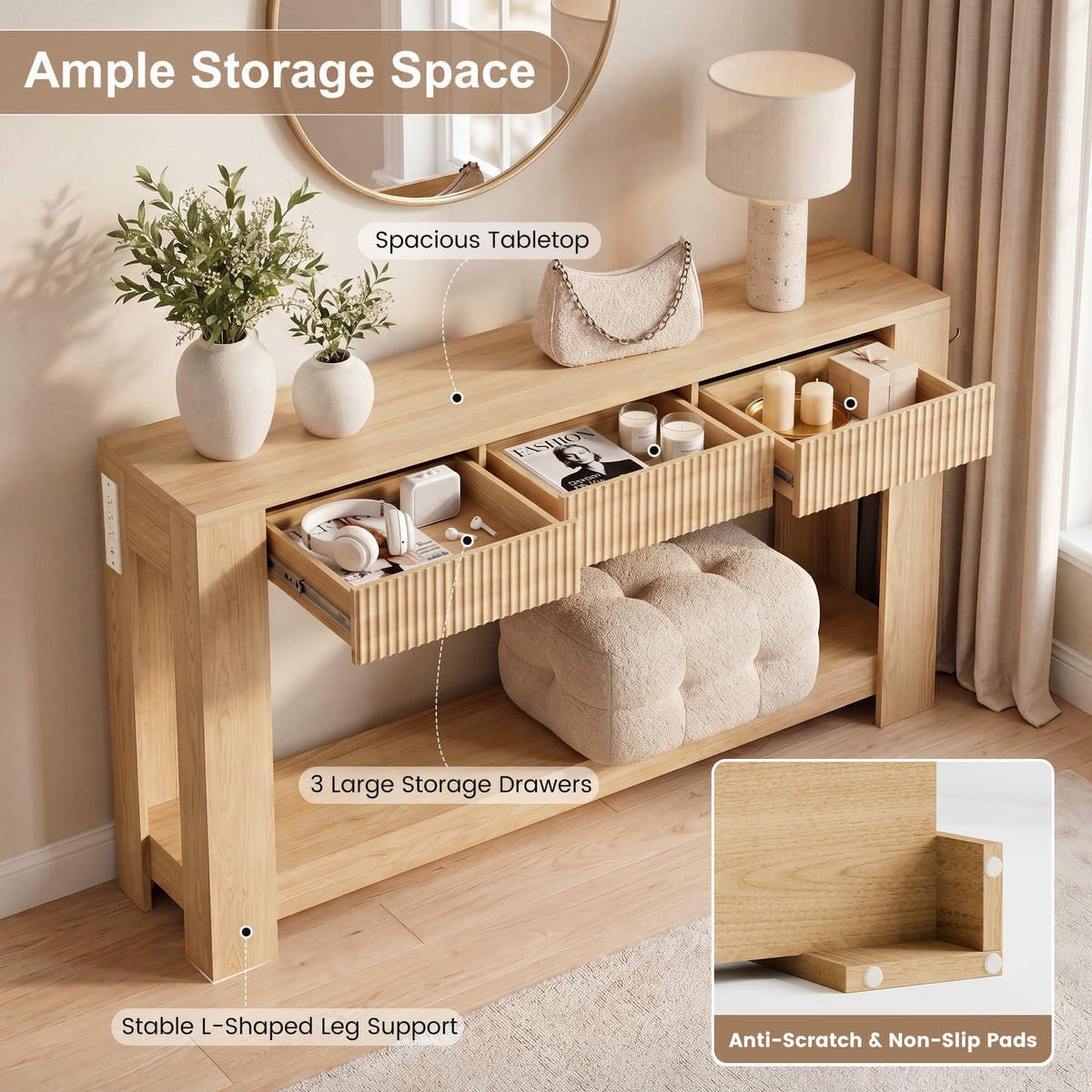 Cibert 63" Fluted Console Table with Drawers, Narrow Sofa Table