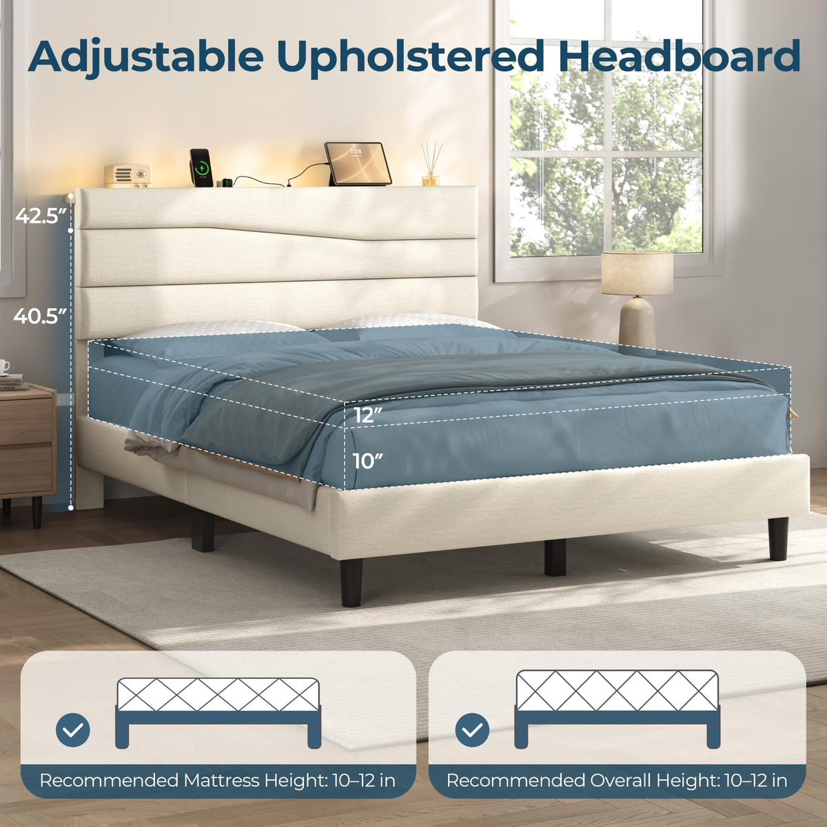 Yaheetech Queen Upholstered Bed with LED Charging Station Shelf