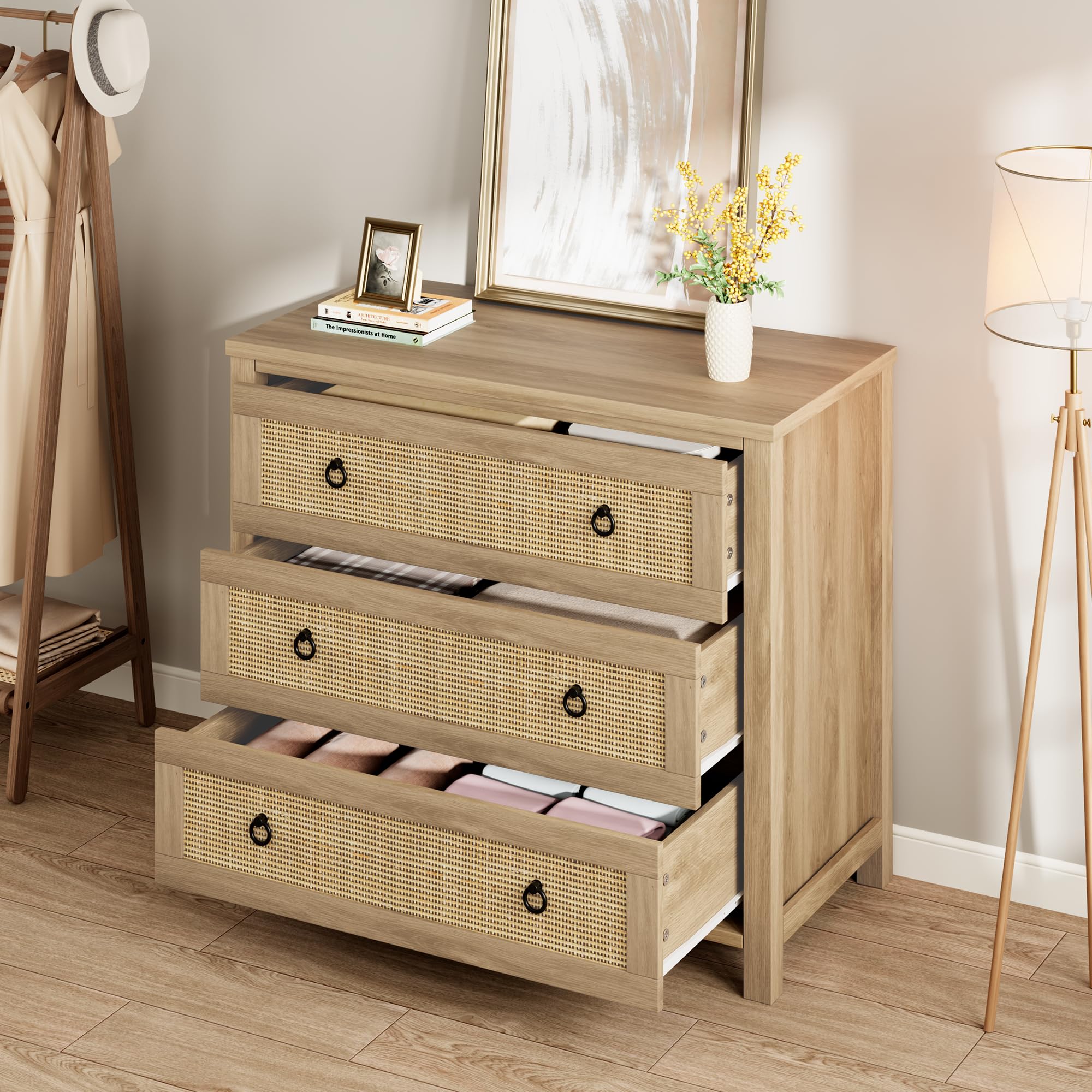 Garvee 3 Drawer Rattan Dresser for Bedroom, Boho Chest of Drawers, 29 Inch Tall Storage Cabinet, Wood Nightstand with Natural Finish for Living Room, Entryway, Closet