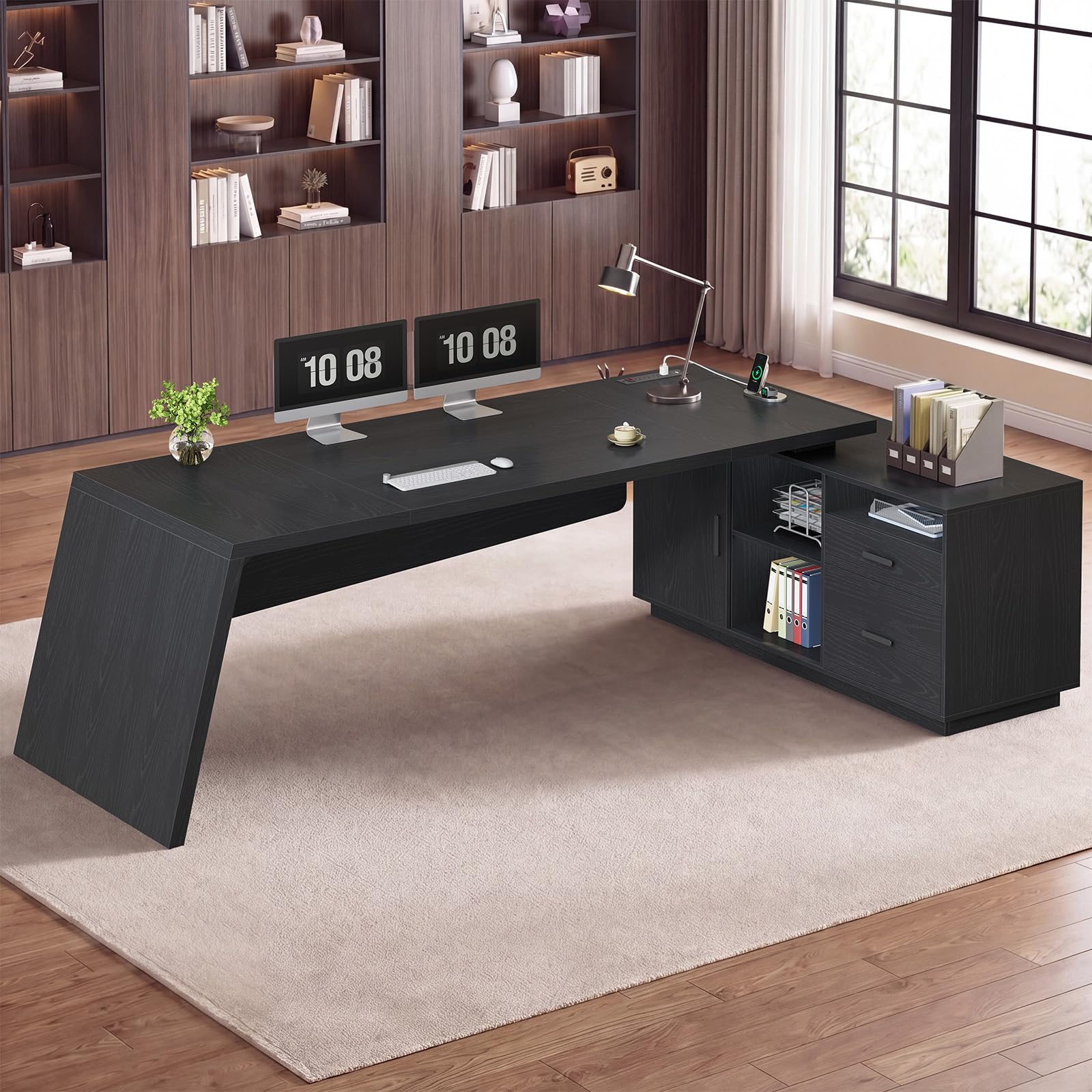 ANGRYWIN 78" L Shaped Executive Desk with Power Outlets, Large Storage Drawers & File Cabinet for Home Office, Modern Computer Desk with Shelves, Black Business Furniture