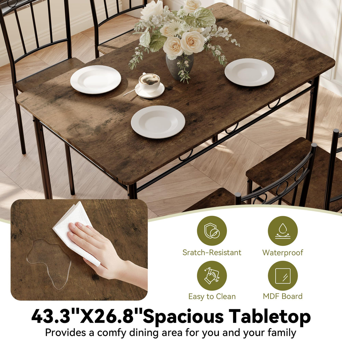 AMICLIBER 5 Piece Dining Table Set, Wood Kitchen Table and Chairs for Small Space,Breakfast Nook,Easy Assembly,Brown