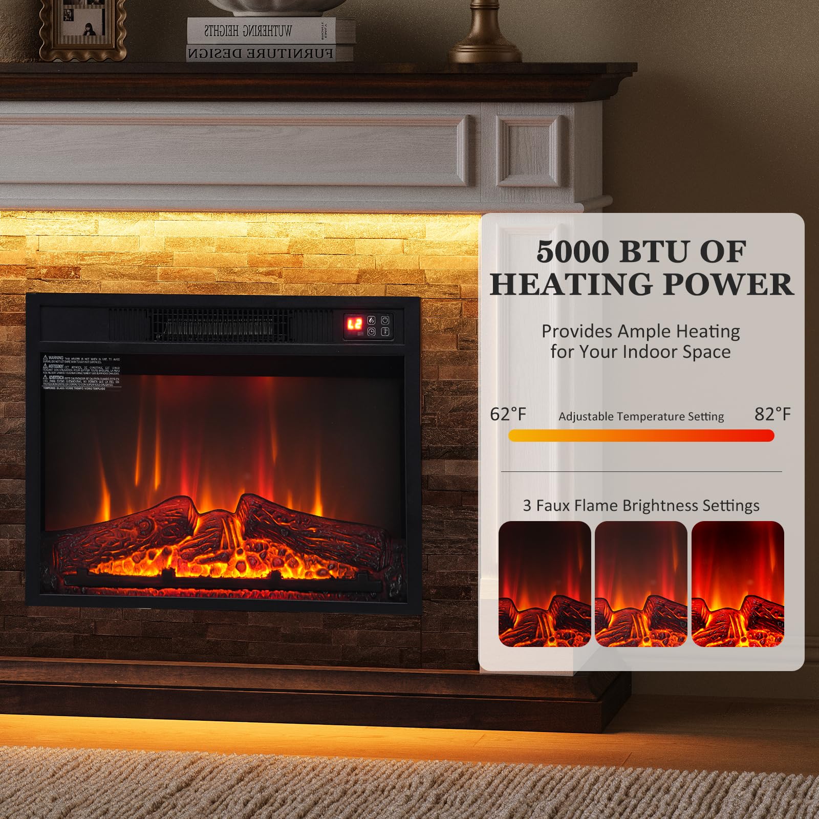44 Inch Electric Fireplace Mantel with LED Farmhouse TV Stand, Stacked Stone Surround, 23" Insert, Freestanding Entertainment Center, 3D Flame Heater for Living Room, Bedroom, White & Brown